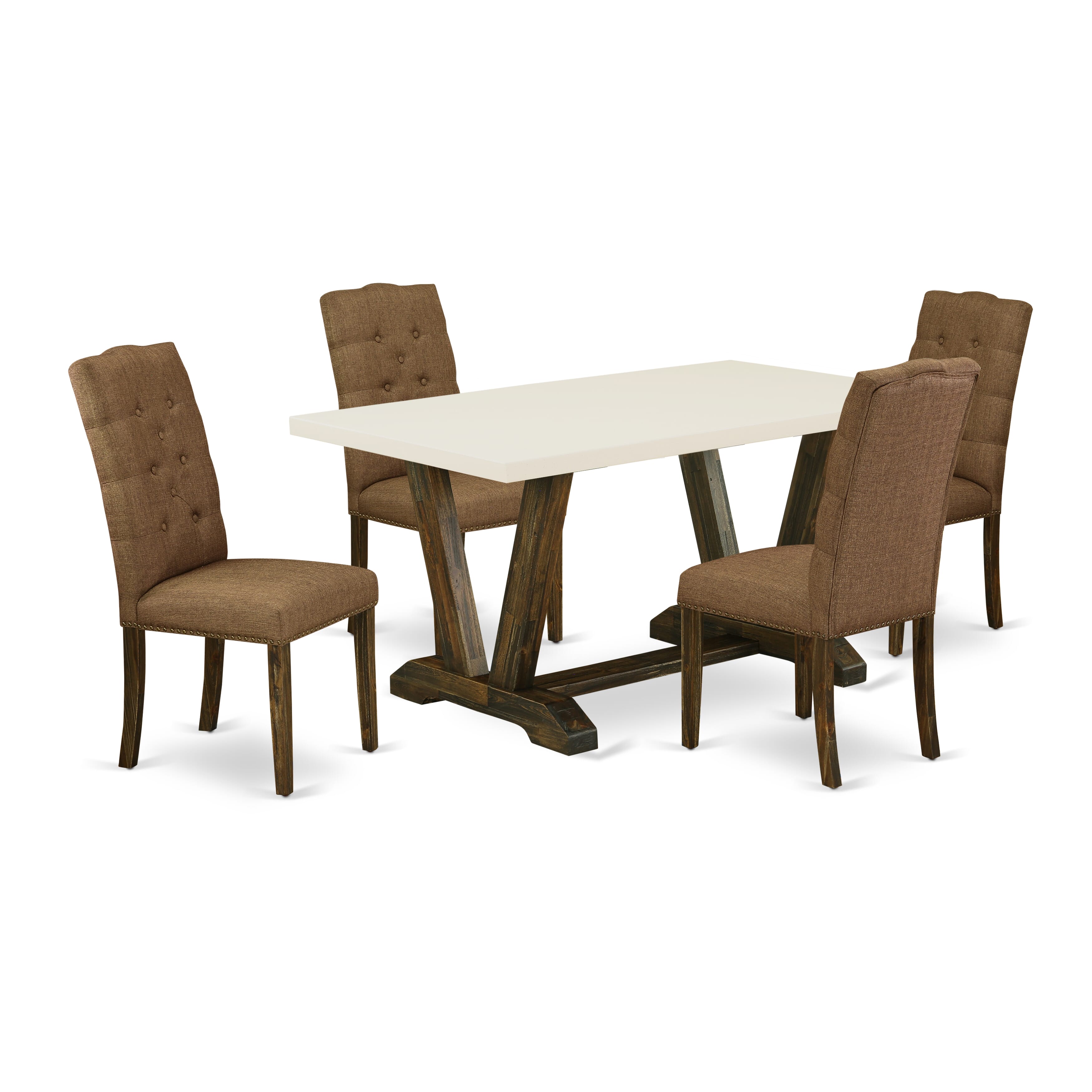 East West Furniture V726EL718-5 5-Pc Dining room SetIncluded 4 Kitchen Dining chairs Upholstered Seat and High Button Tufted Chair Back and Rectangular Mid Century Dining Table with linen white Dining room Table top (Distressed Jacobean Finish)