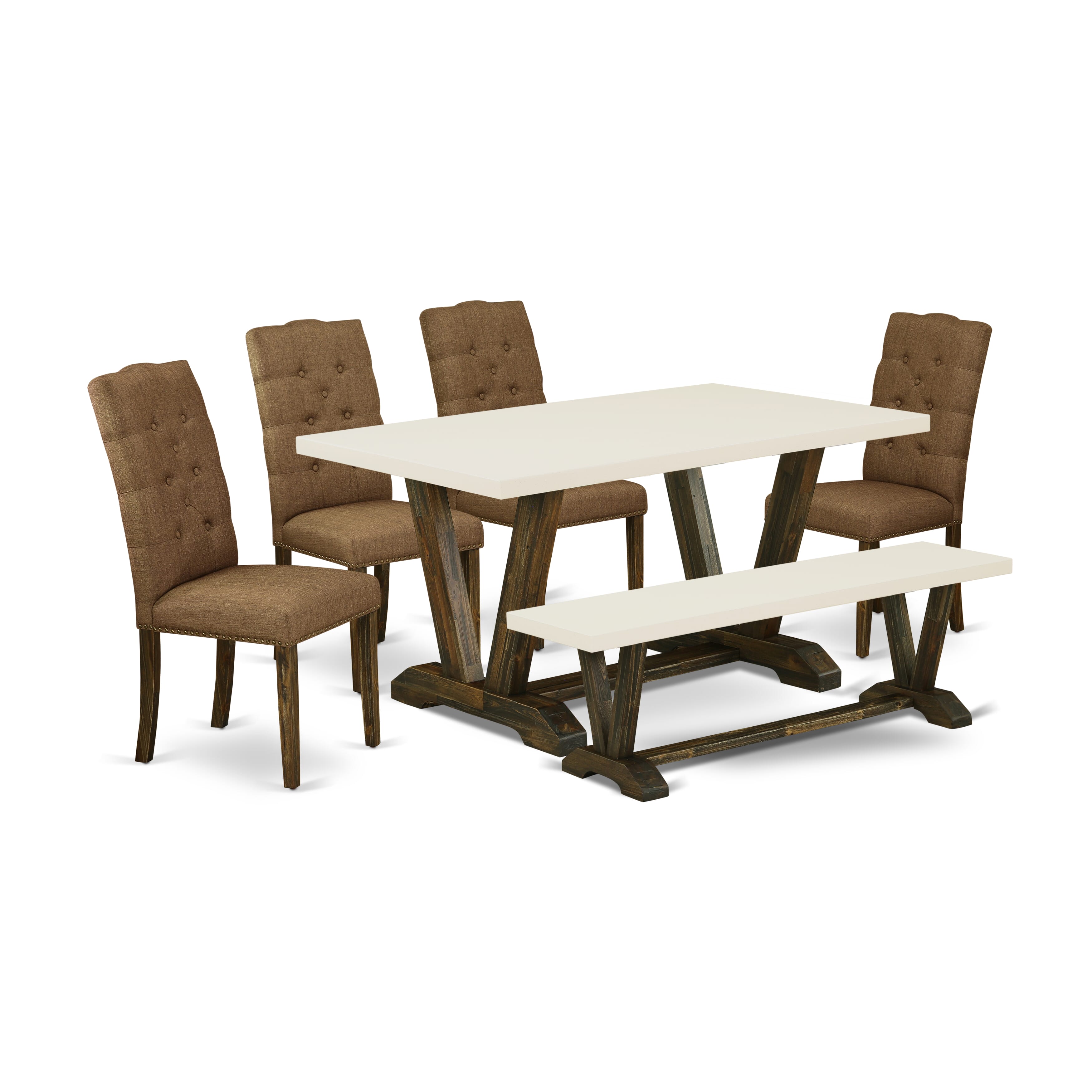 East West Furniture V726EL718-6 6-Pc Dining -Brown Beige Linen Fabric Seat and Button Tufted Chair Back Parson Dining chairs, A Rectangular Bench and Rectangular top Dining room Table with Solid Wood Legs - linen white and Distressed Jacobean Finish