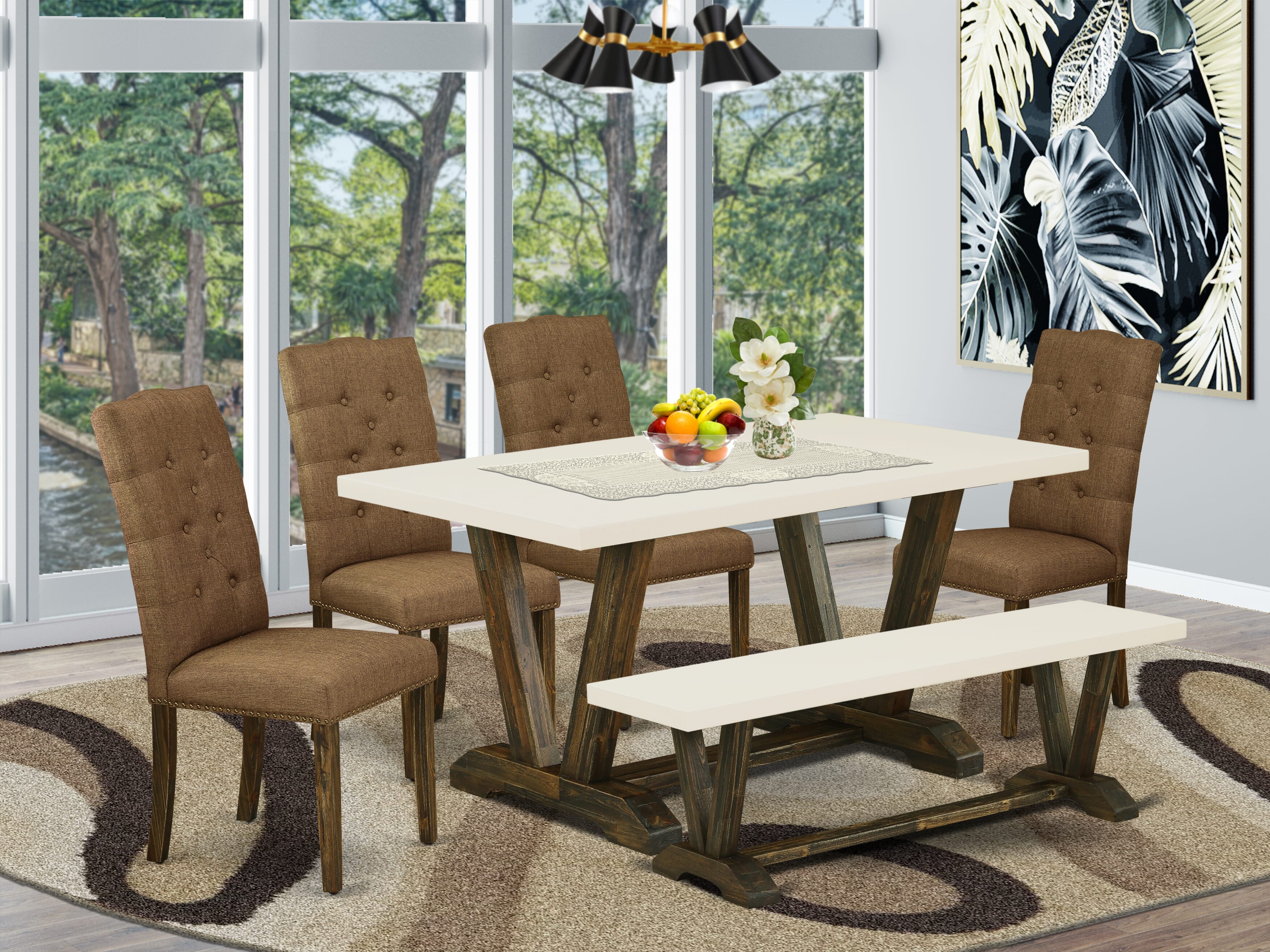 East West Furniture V726EL718-6 6-Pc Dining -Brown Beige Linen Fabric Seat and Button Tufted Chair Back Parson Dining chairs, A Rectangular Bench and Rectangular top Dining room Table with Solid Wood Legs - linen white and Distressed Jacobean Finish