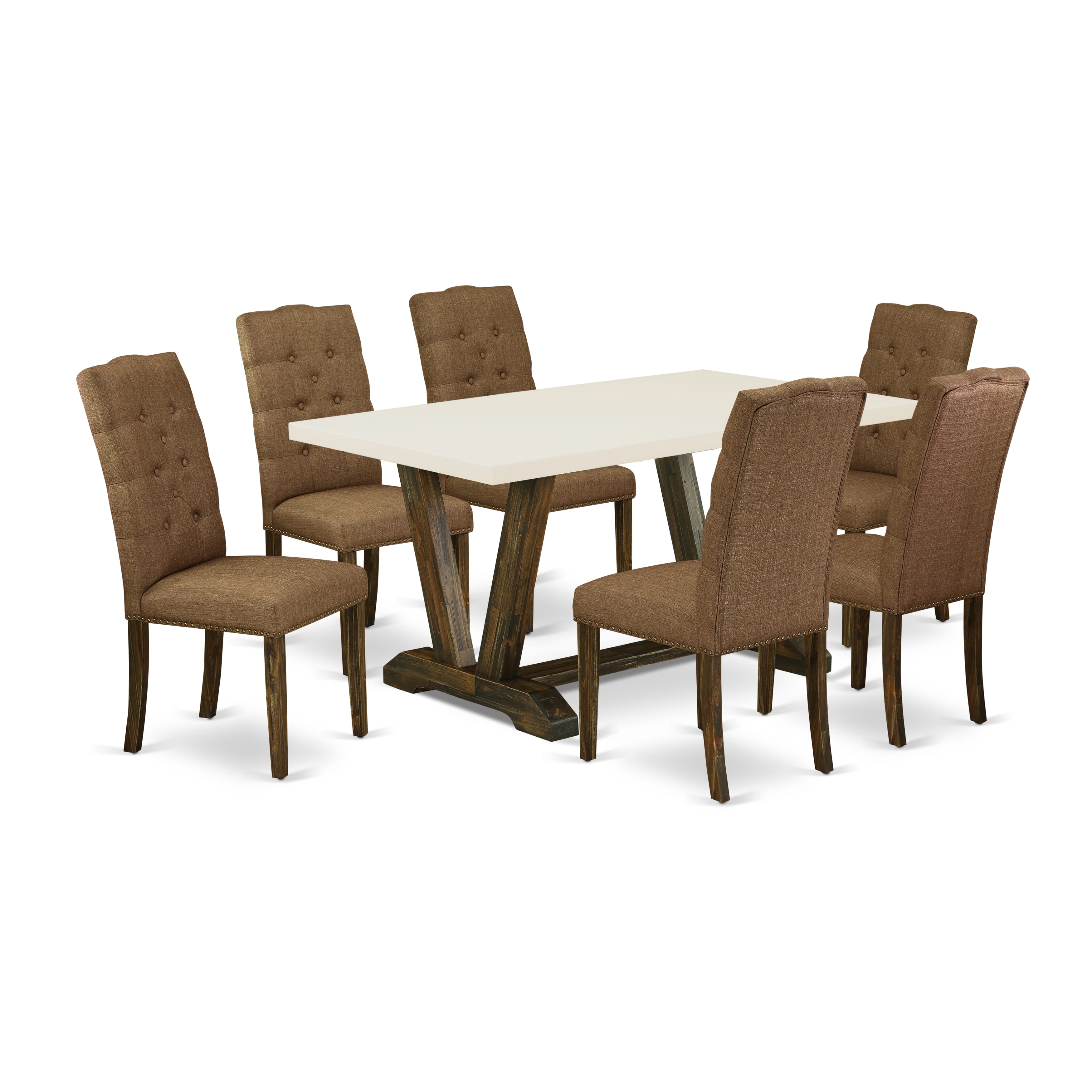 East West Furniture V726EL718-7 7-Piece Dining room Set a beautiful linen white Dining Table top and 6 Fantastic Parson Dining chairs with Nail Heads and Button Tufted, Distressed Jacobean Finish