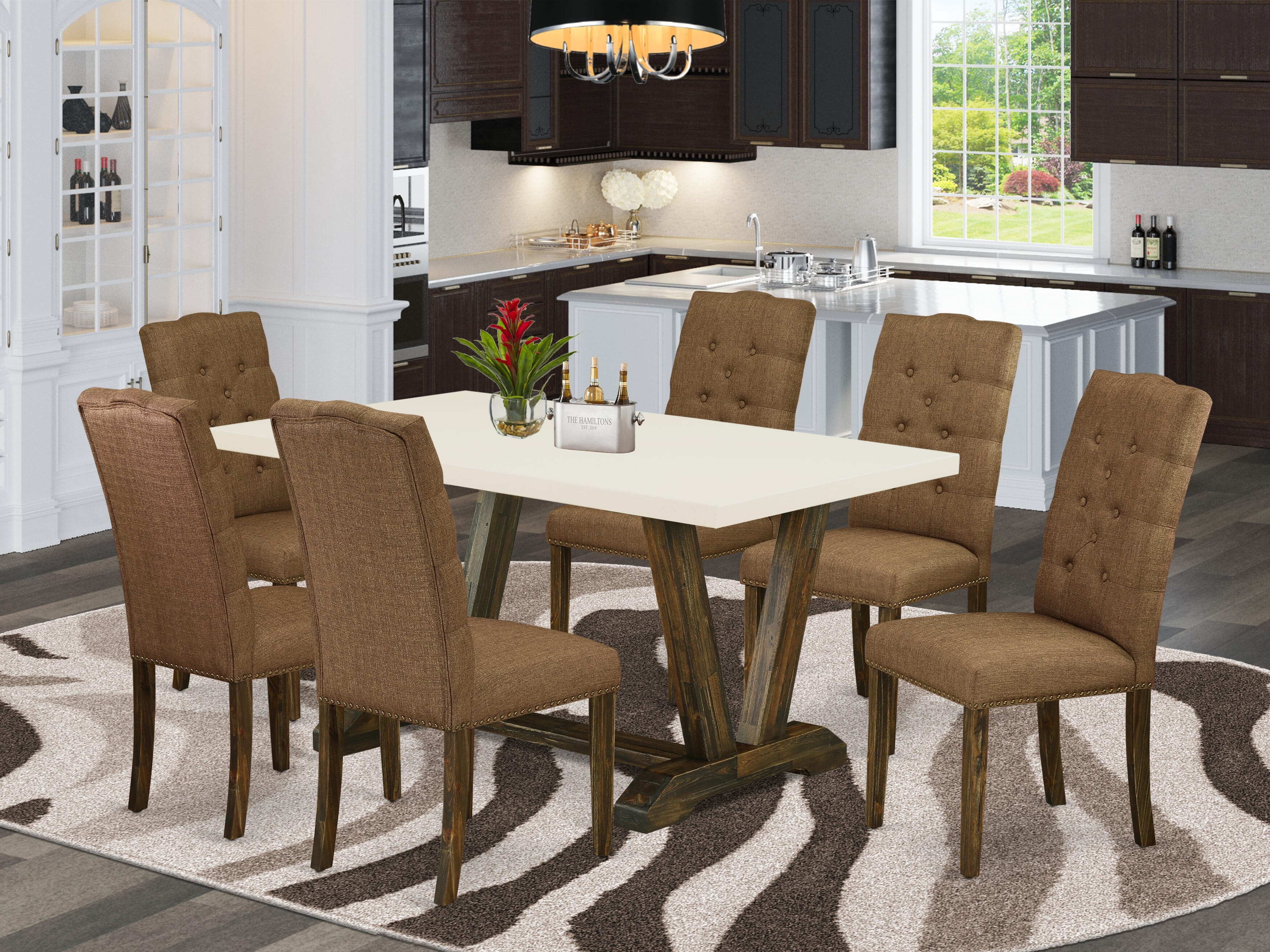 East West Furniture V726EL718-7 7-Piece Dining room Set a beautiful linen white Dining Table top and 6 Fantastic Parson Dining chairs with Nail Heads and Button Tufted, Distressed Jacobean Finish
