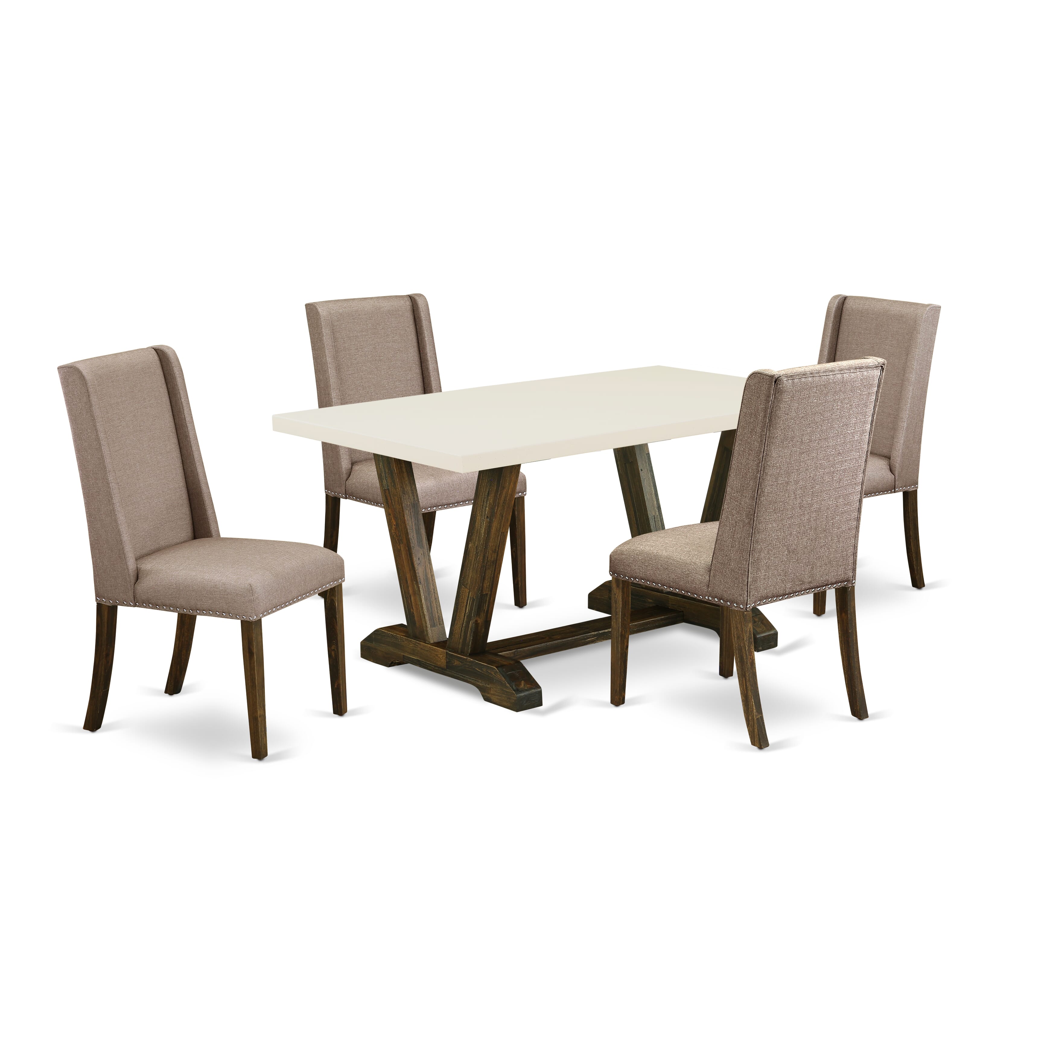 East West Furniture V726FL716-5 5-Piece Modern Dinette SetIncluded 4 Kitchen Dining chairs Upholstered Seat and Stylish Chair Back and Rectangular Dining room Table with linen white Dinette Table top (Distressed Jacobean Finish)