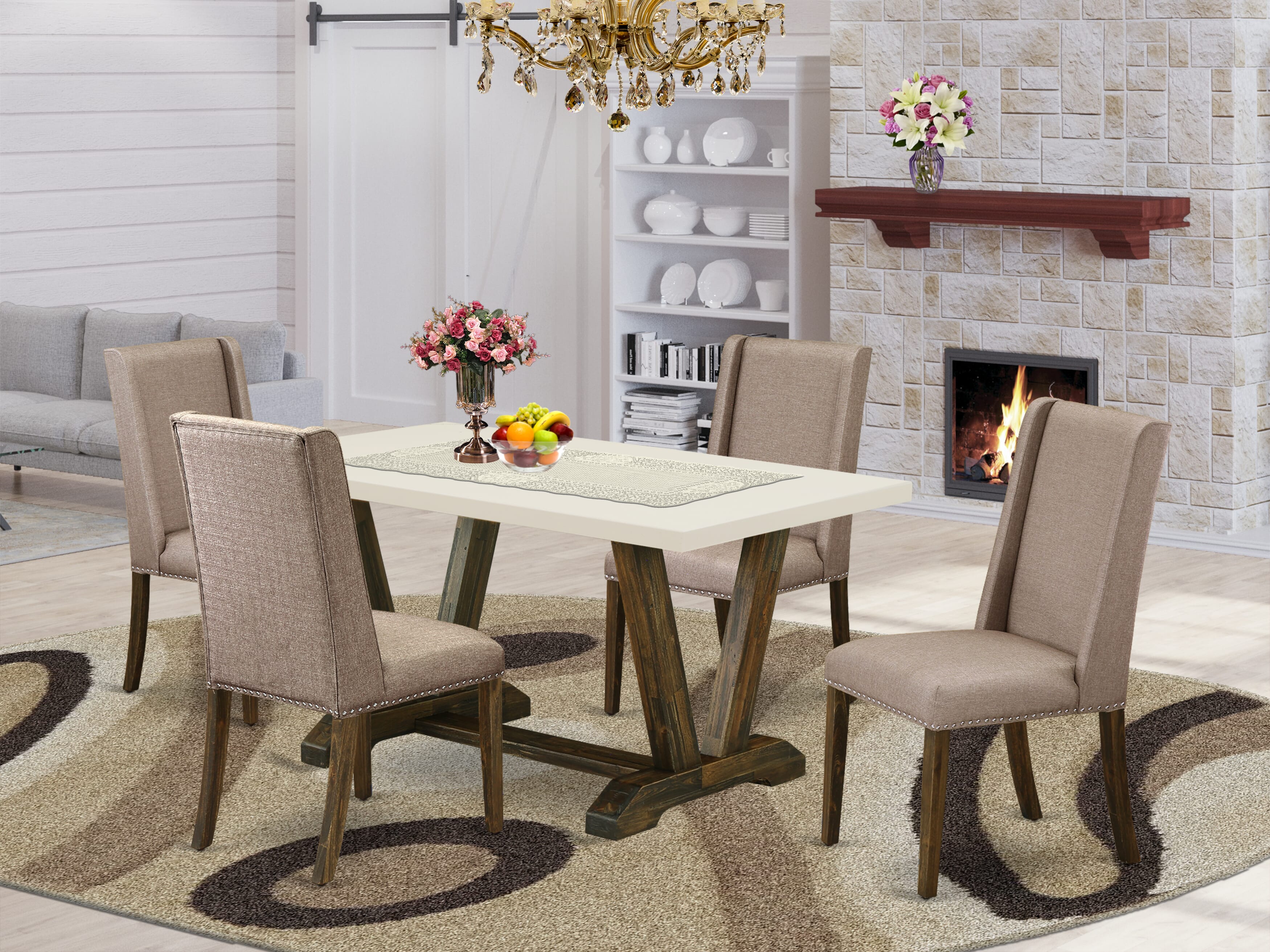 East West Furniture V726FL716-5 5-Piece Modern Dinette SetIncluded 4 Kitchen Dining chairs Upholstered Seat and Stylish Chair Back and Rectangular Dining room Table with linen white Dinette Table top (Distressed Jacobean Finish)