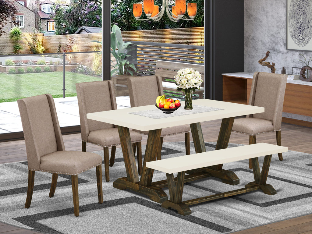 East West Furniture 6-Pc Mid Century Dining Table Set-Dark Khaki Linen Fabric Seat and High Stylish Chair Back Upholstered Dining chairs