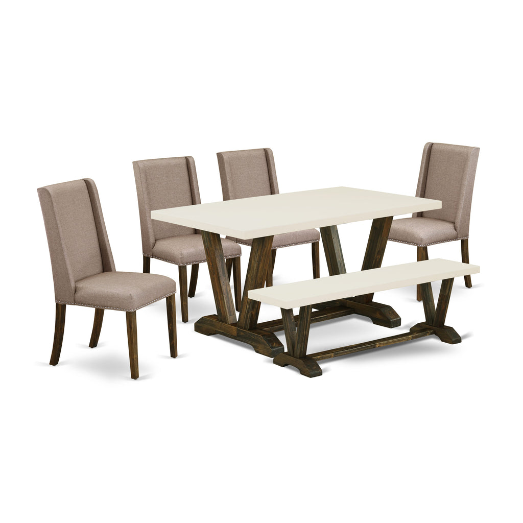 East West Furniture 6-Pc Mid Century Dining Table Set-Dark Khaki Linen Fabric Seat and High Stylish Chair Back Upholstered Dining chairs