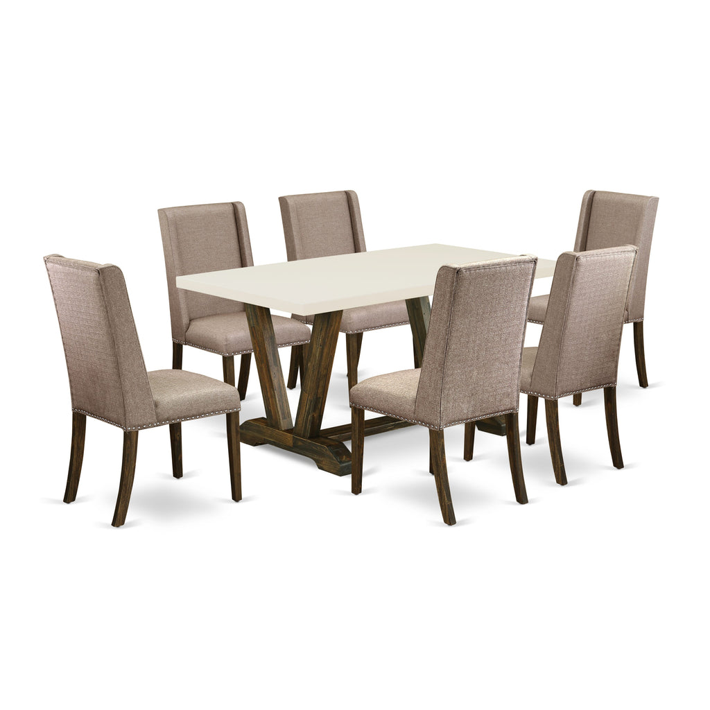 East West Furniture V726FL716-7 7-Piece kitchen table set a great linen white modern dining table top and 6 Beautiful upholstered dining chairs with Nail heads and High Stylish Chair Back, Distressed Jacobean Finish