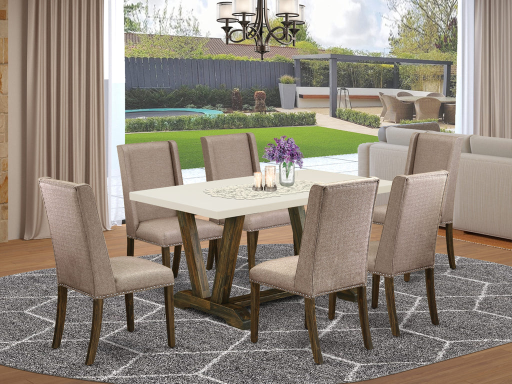East West Furniture V726FL716-7 7-Piece kitchen table set a great linen white modern dining table top and 6 Beautiful upholstered dining chairs with Nail heads and High Stylish Chair Back, Distressed Jacobean Finish