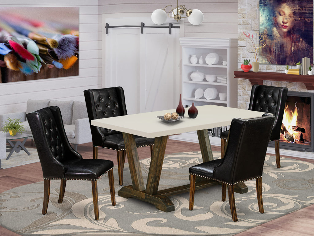 Juego de mesa de comedor moderna de 5 piezas East West Furniture V726FO749-5. Incluye una mesa rectangular de madera con patas en V y 4 sillas Parson tapizadas en piel sintética negra.