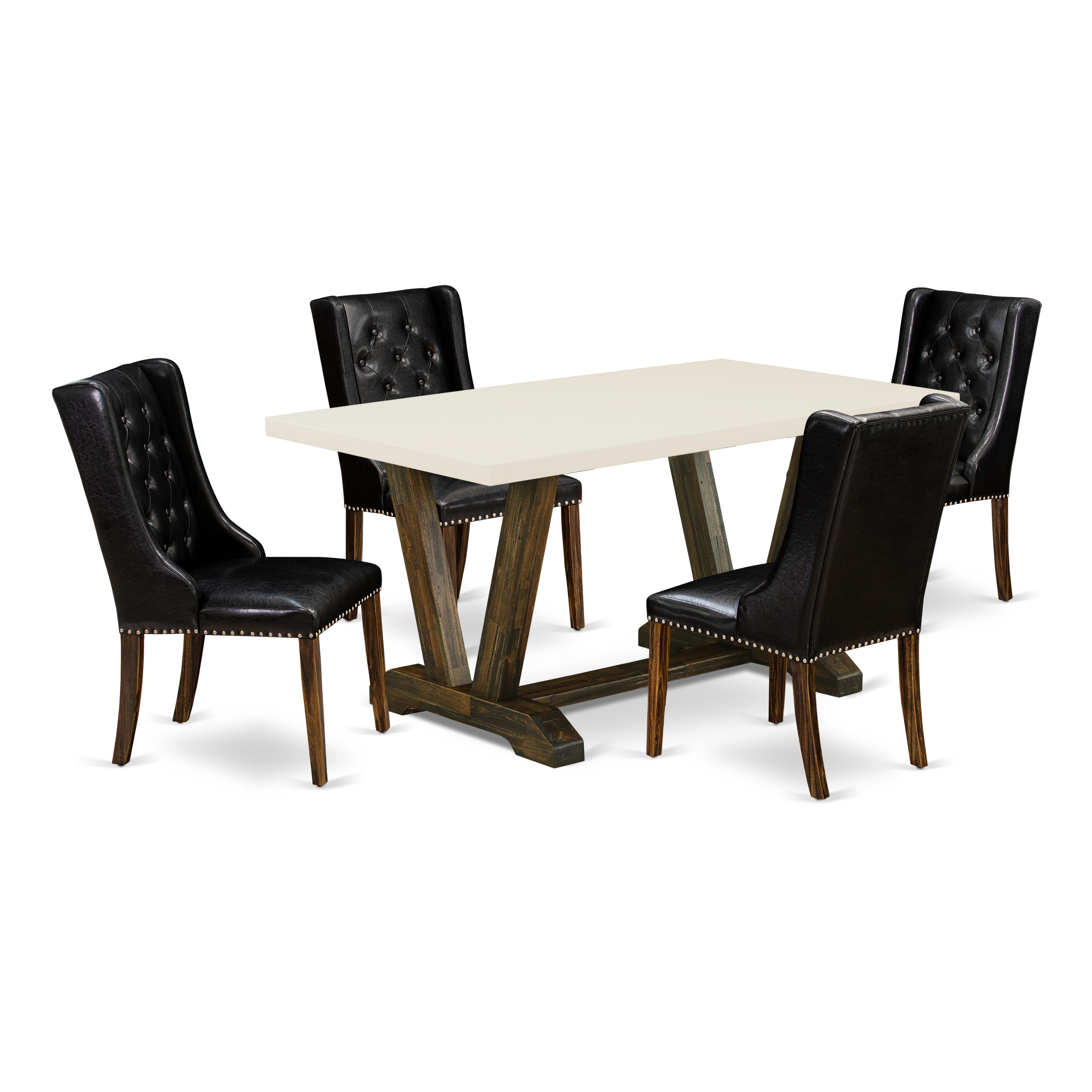 East West Furniture V726FO749-5 5 Piece Dining Room Table Set - 4 Black Pu faux Leather Mid Century Dining Chairs Button Tufted with Nail heads and Dining Table - Distressed Jacobean Finish
