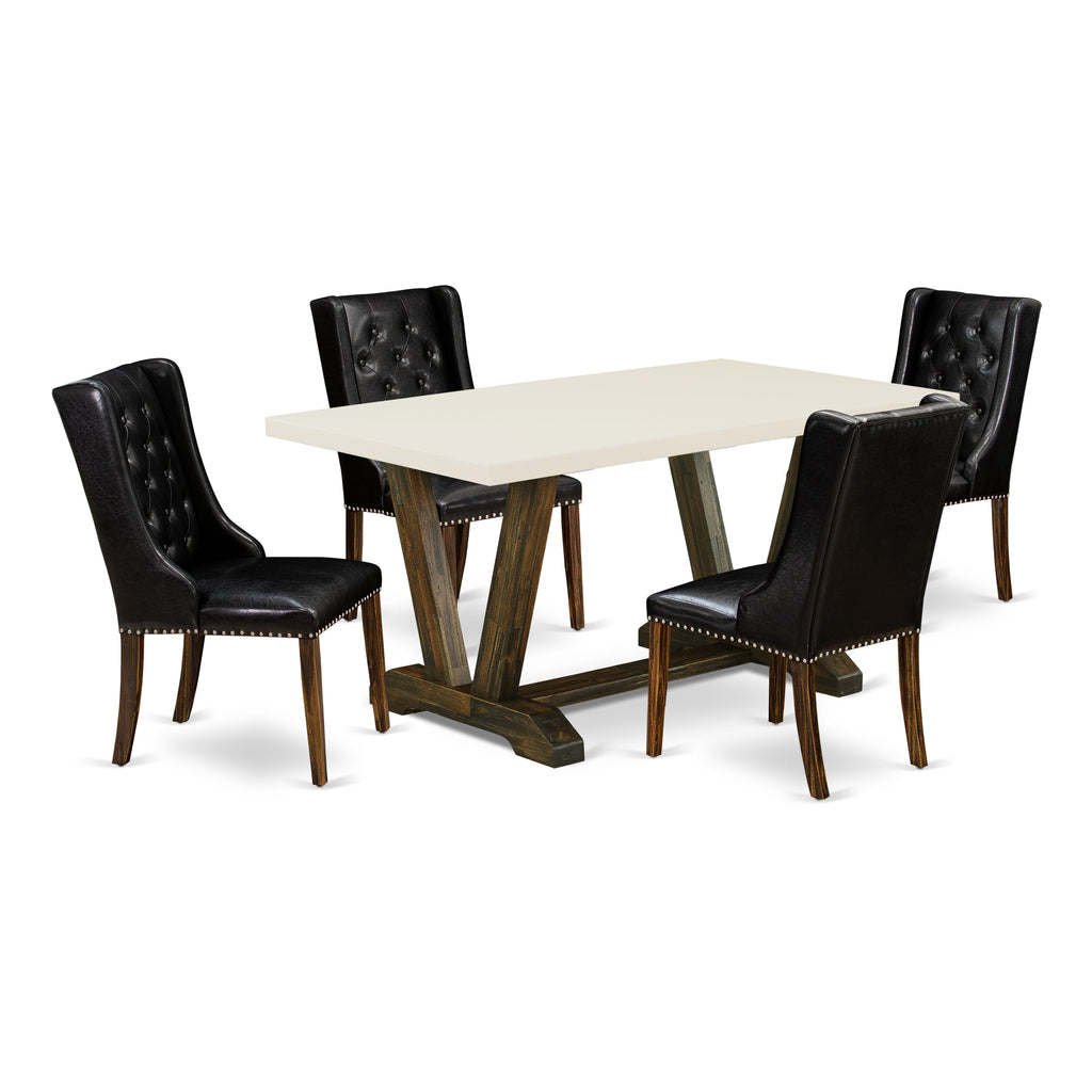 Juego de mesa de comedor moderna de 5 piezas East West Furniture V726FO749-5. Incluye una mesa rectangular de madera con patas en V y 4 sillas Parson tapizadas en piel sintética negra.