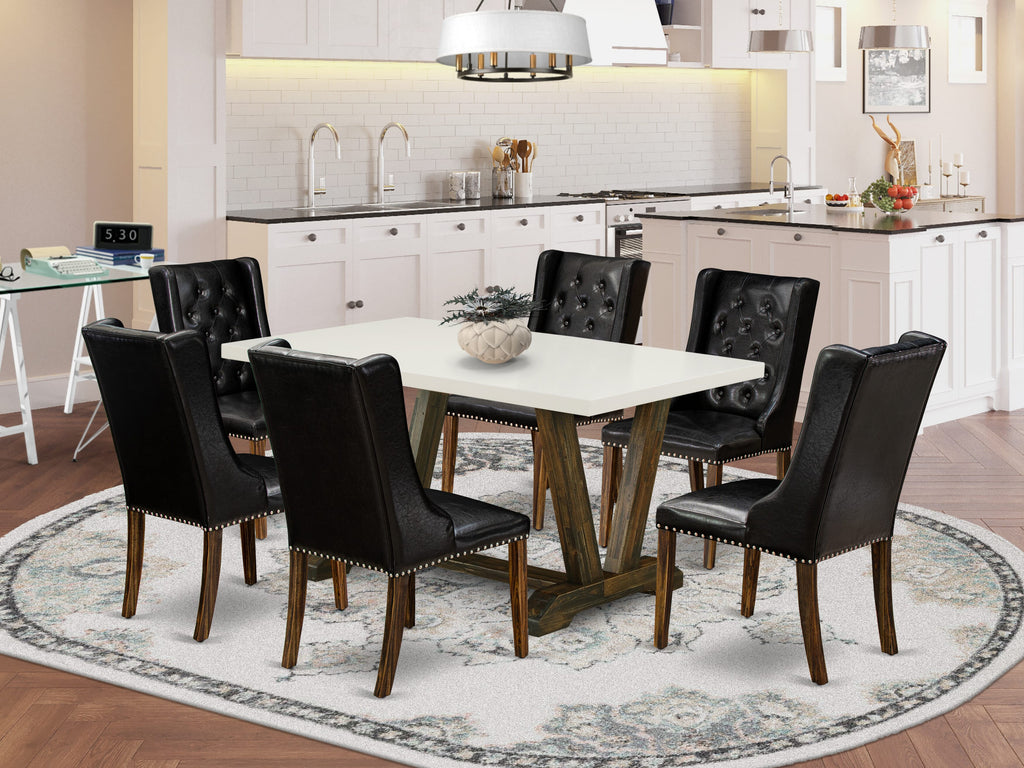 Juego de mesa de comedor de 7 piezas East West Furniture V726FO749-7 compuesto por una mesa de comedor rectangular con patas en V y 6 sillas Parson tapizadas en piel sintética negra.