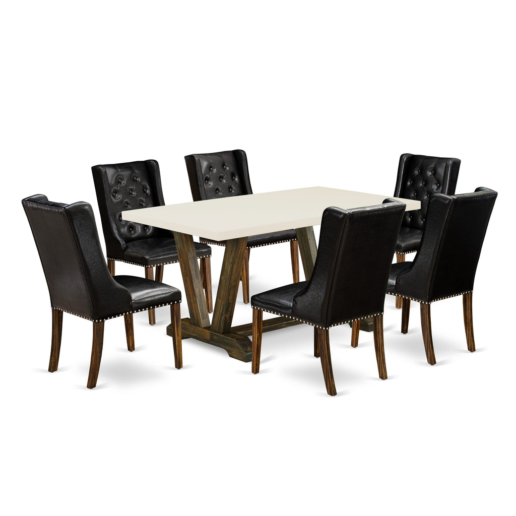 Juego de mesa de comedor de 7 piezas East West Furniture V726FO749-7 compuesto por una mesa de comedor rectangular con patas en V y 6 sillas Parson tapizadas en piel sintética negra.