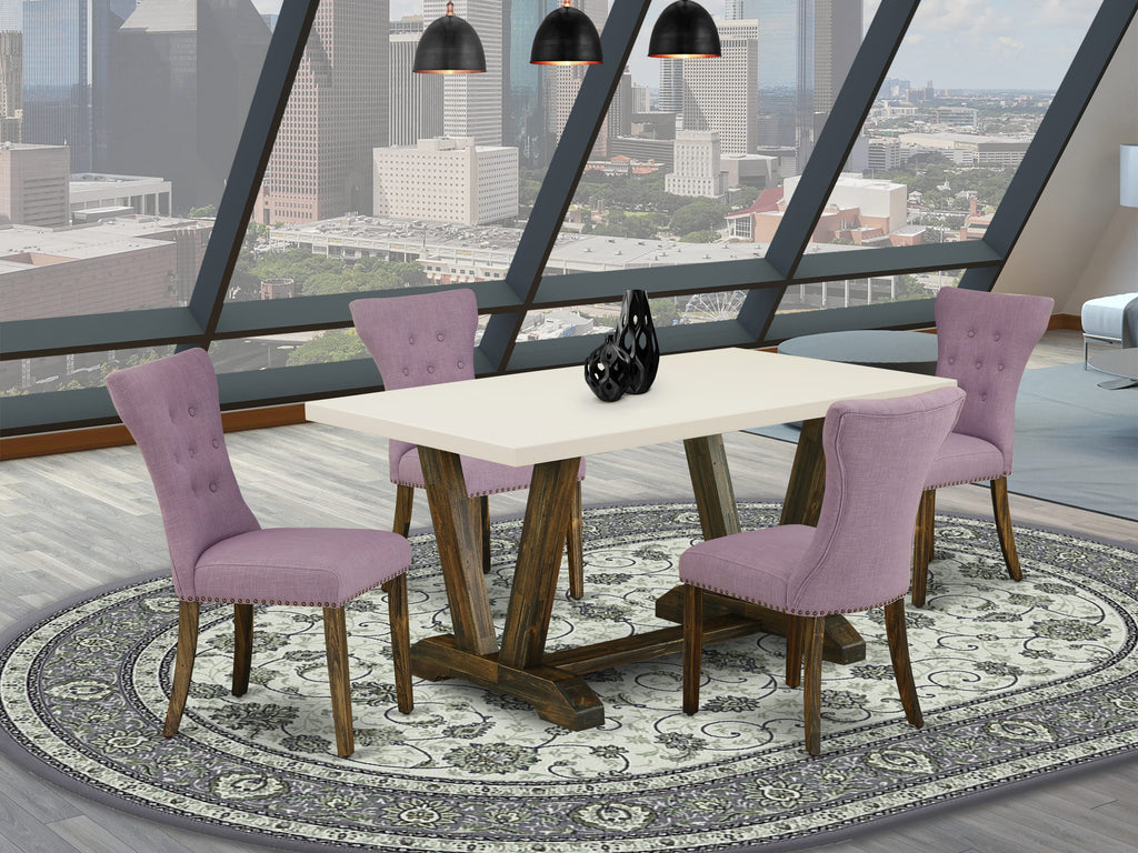 Juego de comedor de 5 piezas East West Furniture V726GA740-5: 4 sillas tapizadas con asiento de tela de lino Dahlia y respaldo capitoné con botones. Tablero rectangular y patas de madera. Acabado jacobino envejecido en blanco lino.