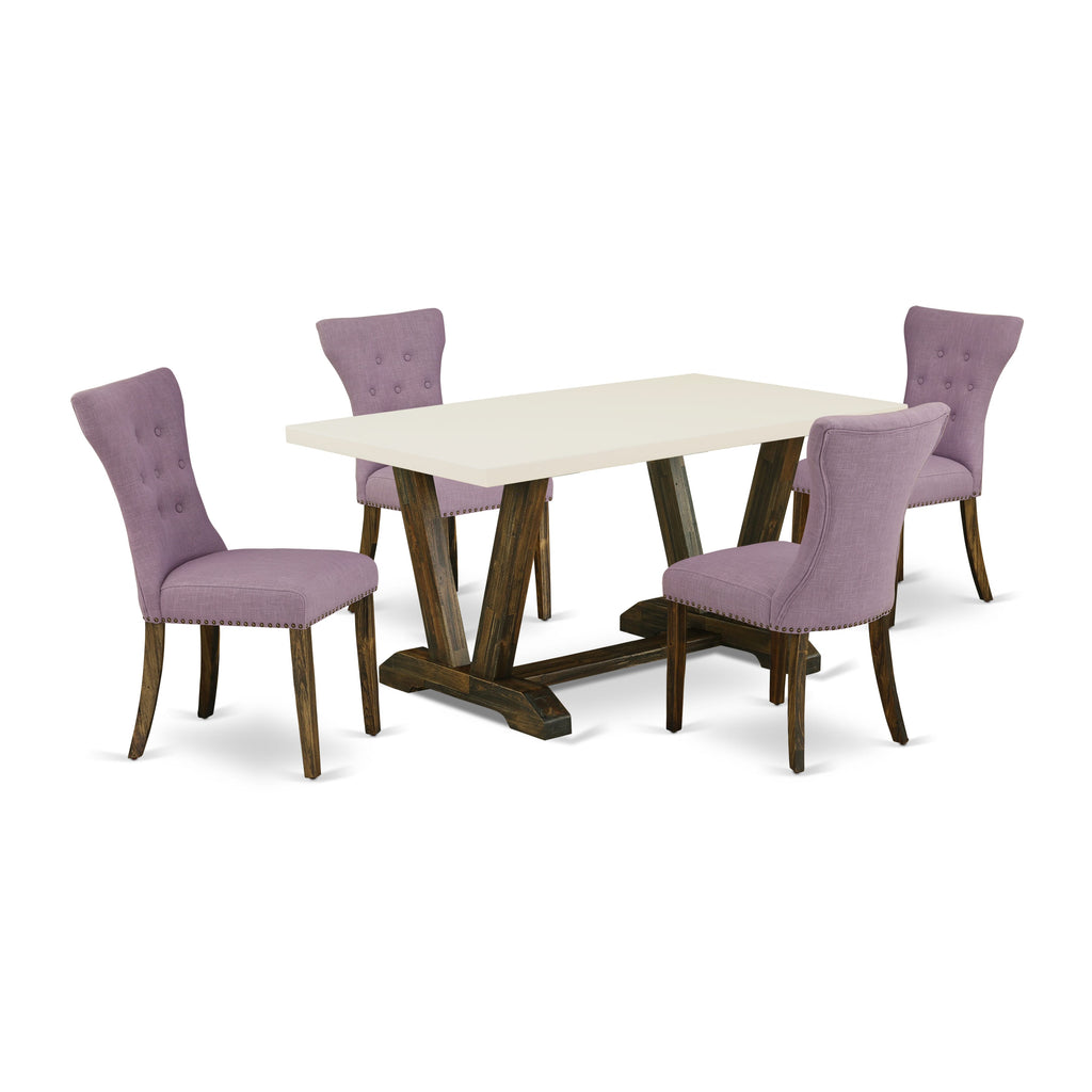 Juego de comedor de 5 piezas East West Furniture V726GA740-5: 4 sillas tapizadas con asiento de tela de lino Dahlia y respaldo capitoné con botones. Tablero rectangular y patas de madera. Acabado jacobino envejecido en blanco lino.
