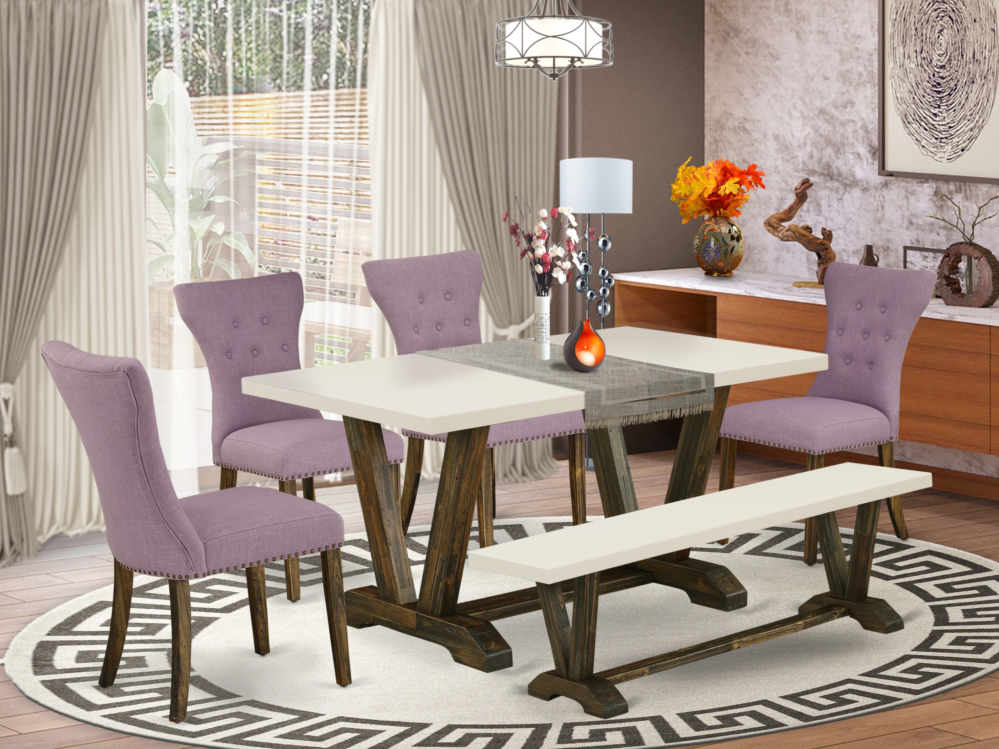 East West Furniture V726GA740-6 6-Pc Dining Table Set- 4 Dining Chairs with Dahlia Linen Fabric Seat and Button Tufted Chair Back � Kitchen Table and Small Bench (linen white Finish)