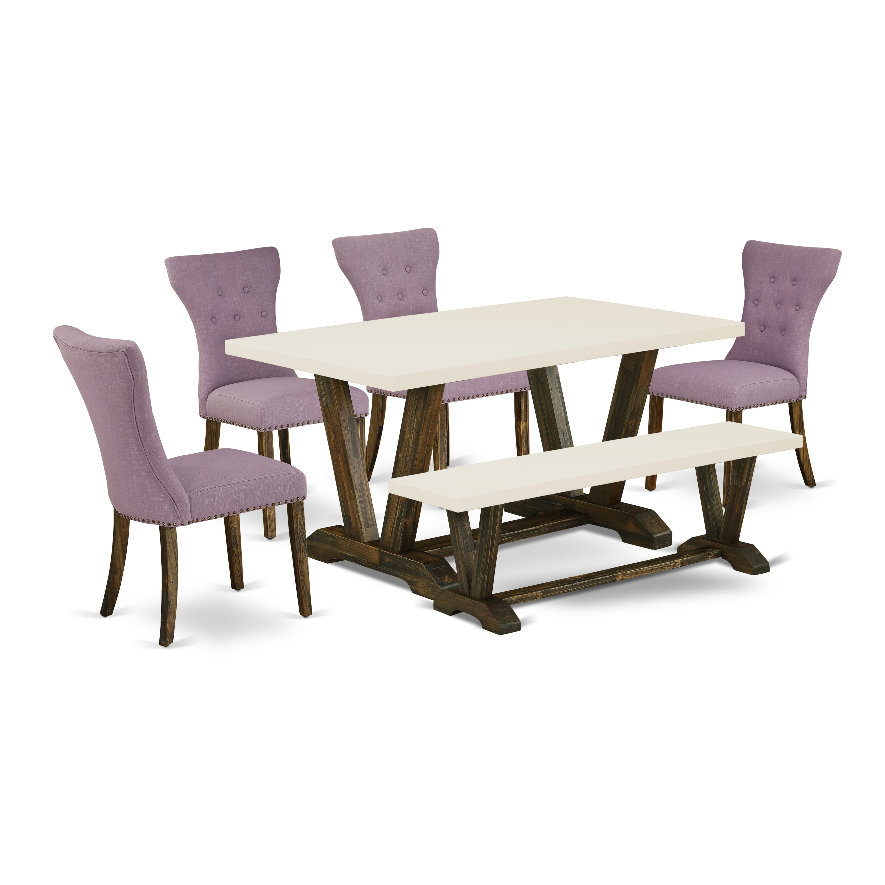 East West Furniture V726GA740-6 6-Pc Dining Table Set- 4 Dining Chairs with Dahlia Linen Fabric Seat and Button Tufted Chair Back � Kitchen Table and Small Bench (linen white Finish)