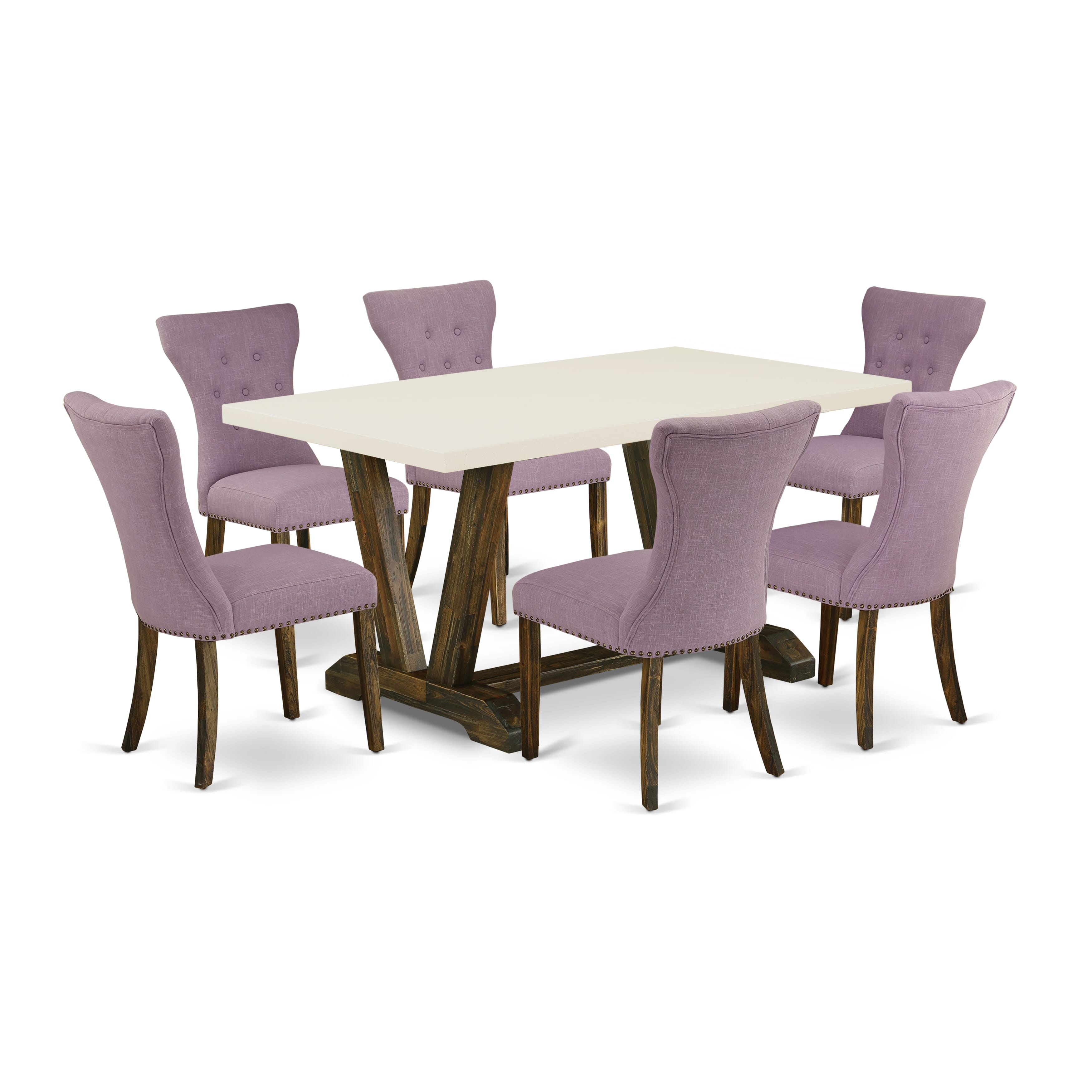 East West Furniture 7-Piece Modern Dining Set- 6 Upholstered Dining Chairs with Dahlia Linen Fabric Seat and Button Tufted Chair Back - Rectangular Table top & Wooden Legs - linen white and Distressed Jacobean Finish