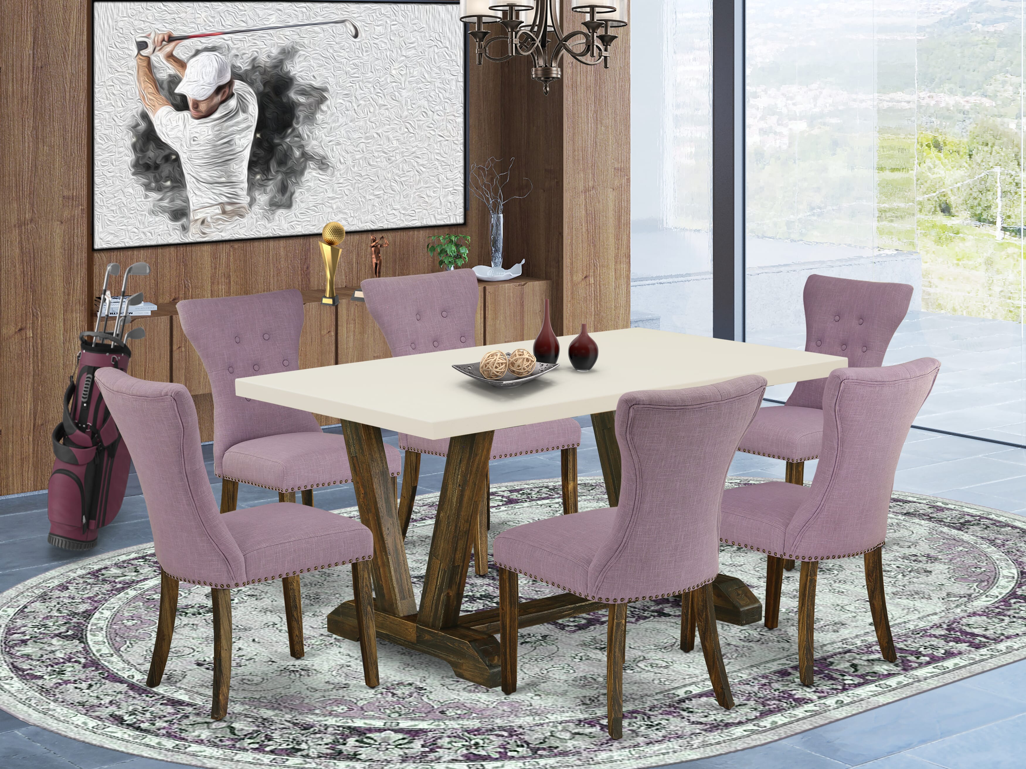 East West Furniture 7-Piece Modern Dining Set- 6 Upholstered Dining Chairs with Dahlia Linen Fabric Seat and Button Tufted Chair Back - Rectangular Table top & Wooden Legs - linen white and Distressed Jacobean Finish