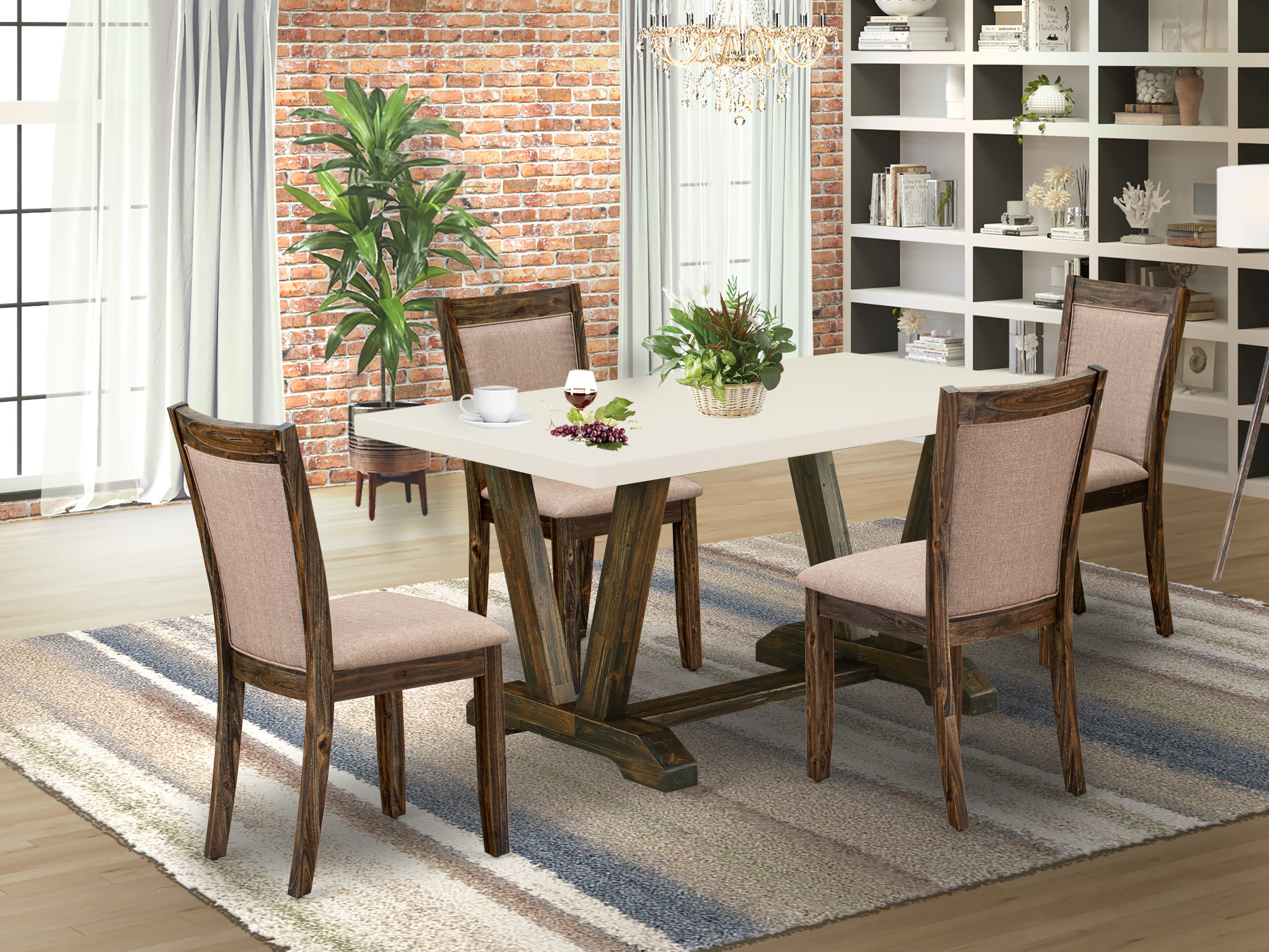 East West Furniture V726MZ716-5 5 Piece Modern Rustic Dining Table Set - A linen white Top Dining Table with Trestle Base and 4 Dark Khaki Linen Fabric Dining Chairs - Distressed Jacobean Finish