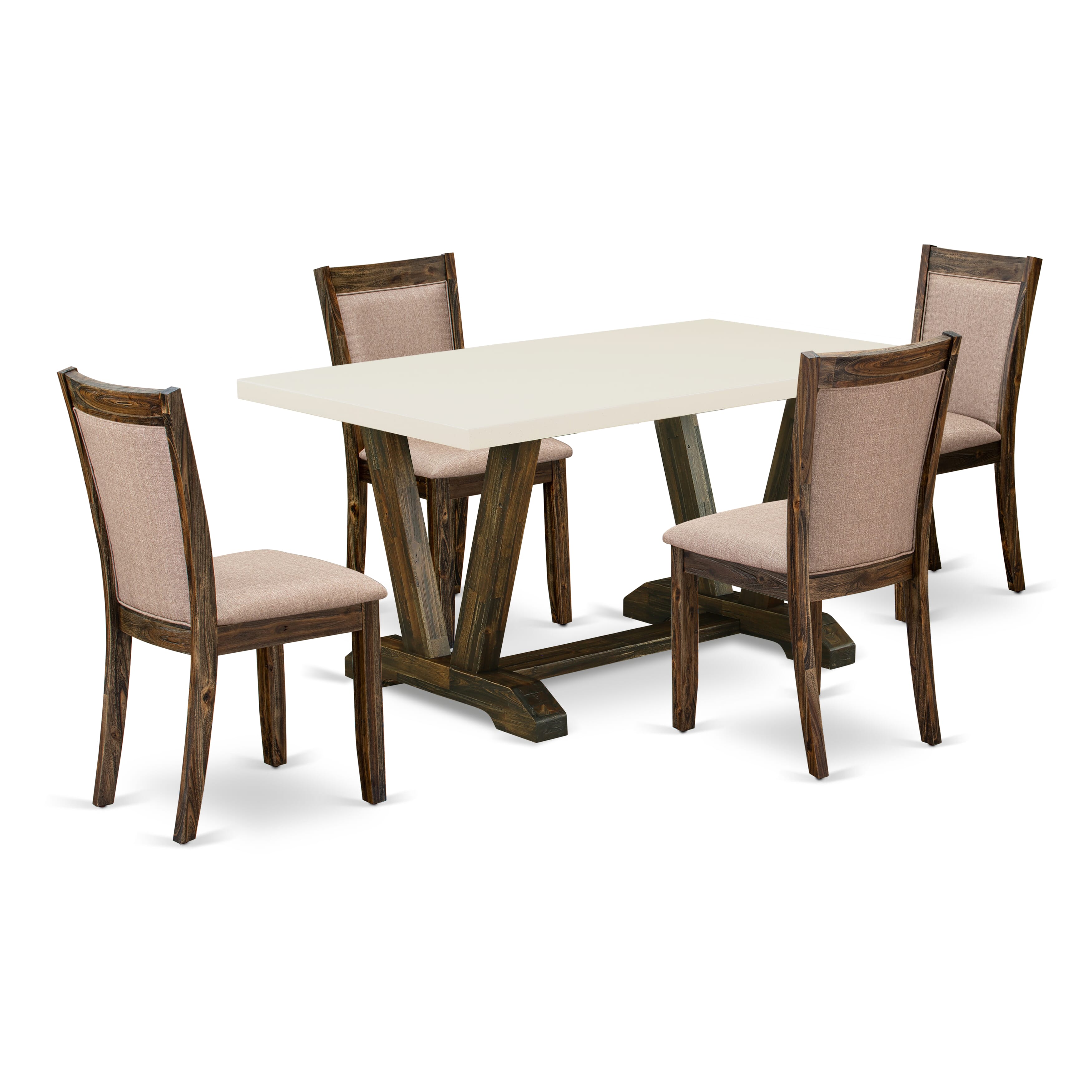 East West Furniture V726MZ716-5 5 Piece Modern Rustic Dining Table Set - A linen white Top Dining Table with Trestle Base and 4 Dark Khaki Linen Fabric Dining Chairs - Distressed Jacobean Finish