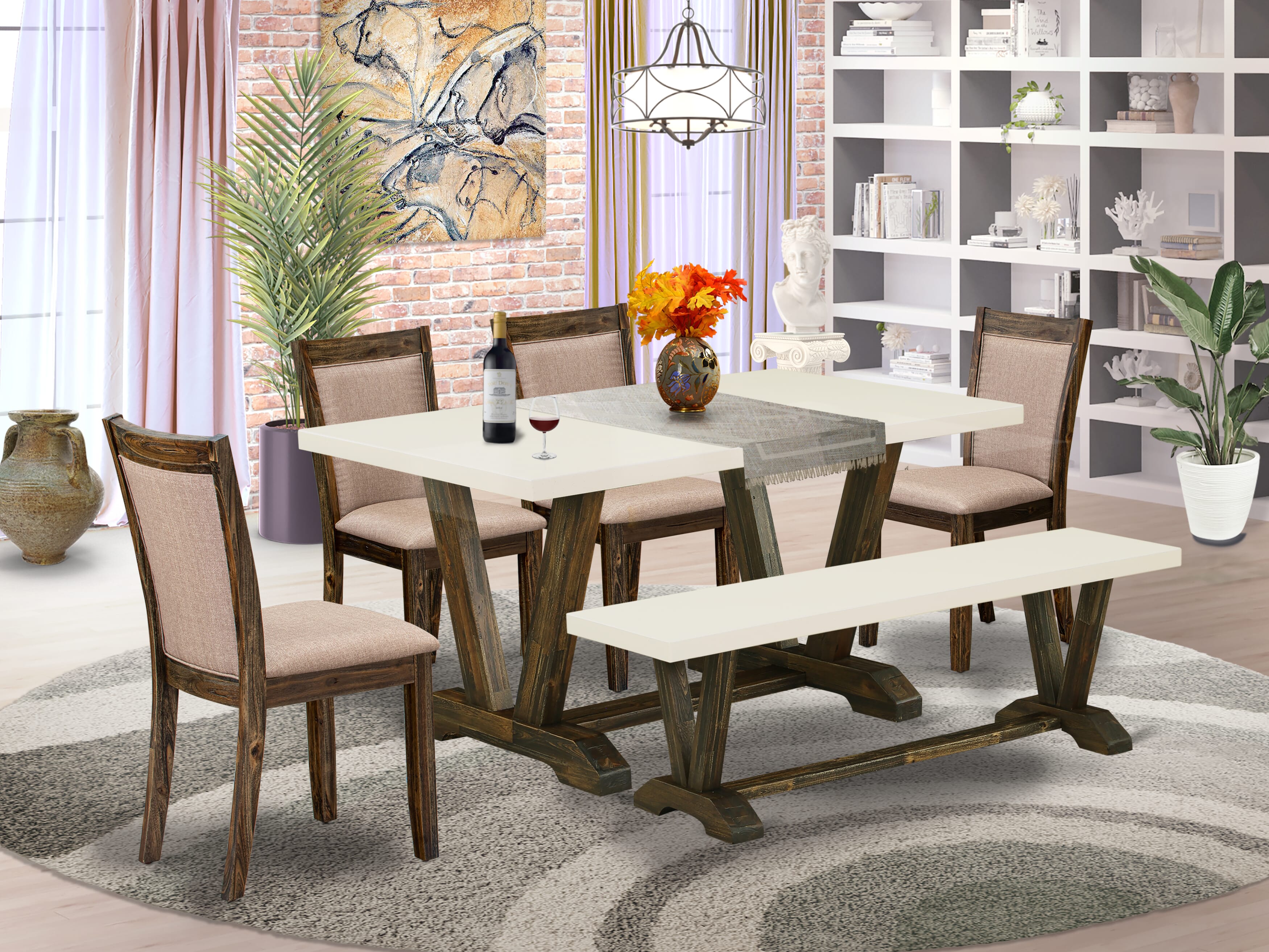 East West Furniture V726MZ716-6 6 Piece Modern Dining Set- A linen white Top Dinning Table in Trestle Base with Wood Bench and 4 Dark Khaki Linen Fabric Dining Chairs - Distressed Jacobean Finish