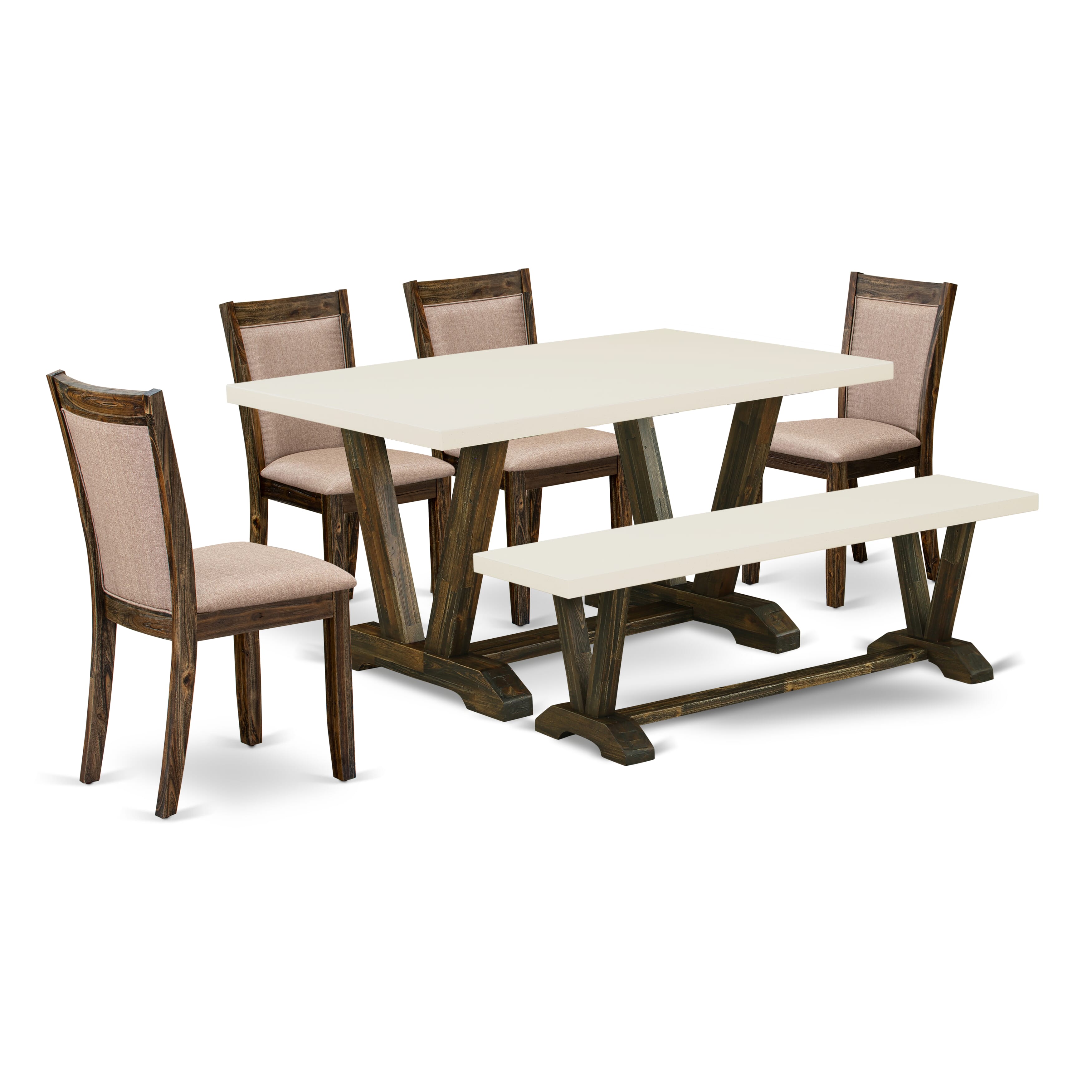 East West Furniture V726MZ716-6 6 Piece Modern Dining Set- A linen white Top Dinning Table in Trestle Base with Wood Bench and 4 Dark Khaki Linen Fabric Dining Chairs - Distressed Jacobean Finish
