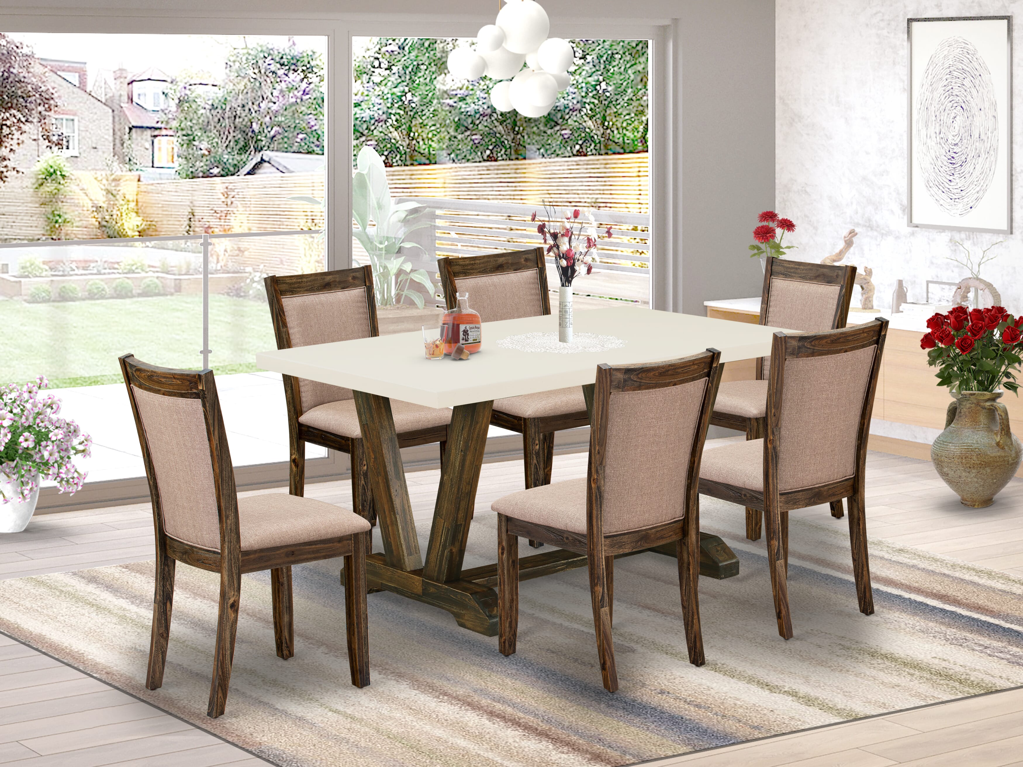 East West Furniture V726MZ716-7 7 Piece Mid Century Modern Dining Set - A linen white Top Modern Dining Table with Trestle Base and 6 Dark Khaki Linen Fabric Chairs - Distressed Jacobean Finish
