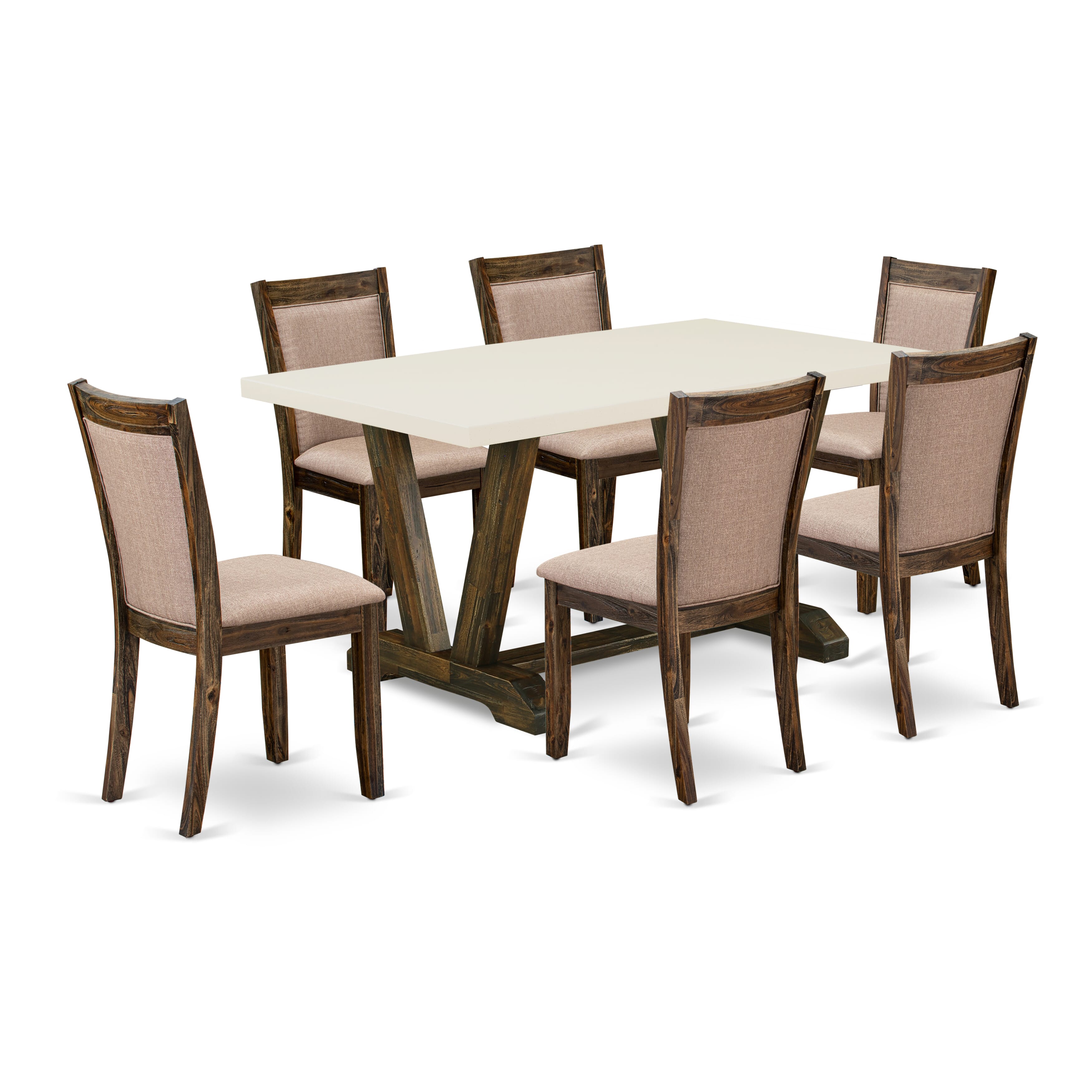 East West Furniture V726MZ716-7 7 Piece Mid Century Modern Dining Set - A linen white Top Modern Dining Table with Trestle Base and 6 Dark Khaki Linen Fabric Chairs - Distressed Jacobean Finish