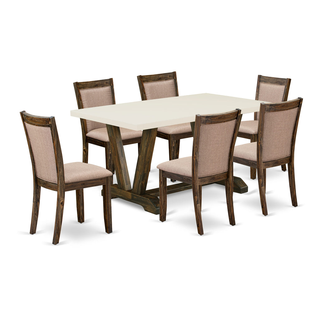 Juego de mesa de comedor East West Furniture V726MZ716-7 de 7 piezas compuesto por una mesa de comedor rectangular con patas en V y 6 sillas tapizadas en tela de lino color caqui oscuro.