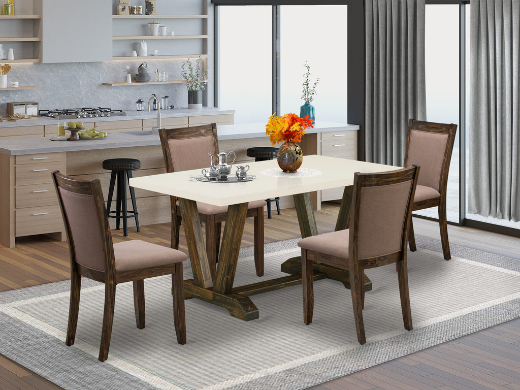 Juego de comedor de 5 piezas East West Furniture V726MZ748-5. Incluye una mesa de comedor rectangular con patas en V y 4 sillas tapizadas en tela de lino color café.