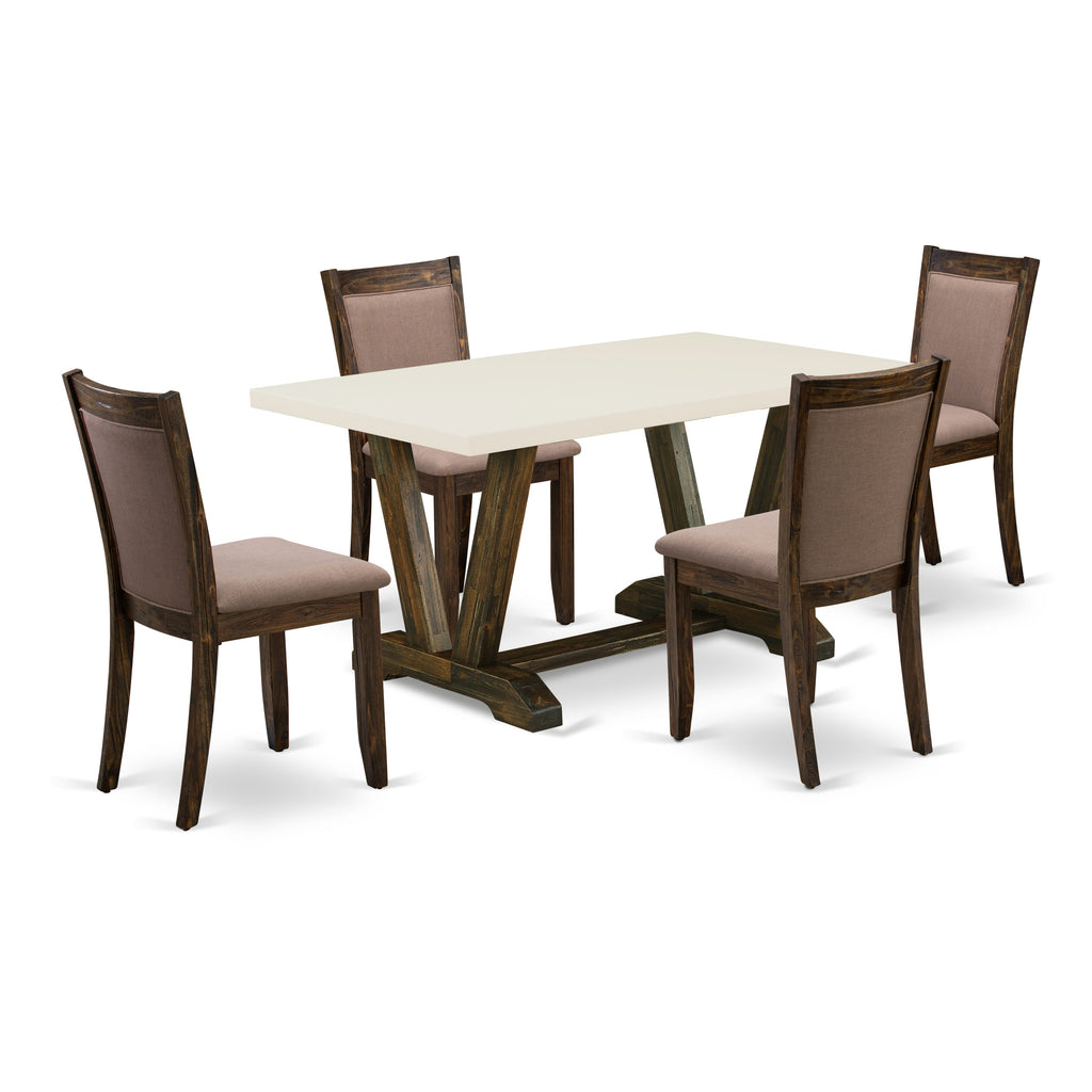Juego de comedor de 5 piezas East West Furniture V726MZ748-5. Incluye una mesa de comedor rectangular con patas en V y 4 sillas tapizadas en tela de lino color café.