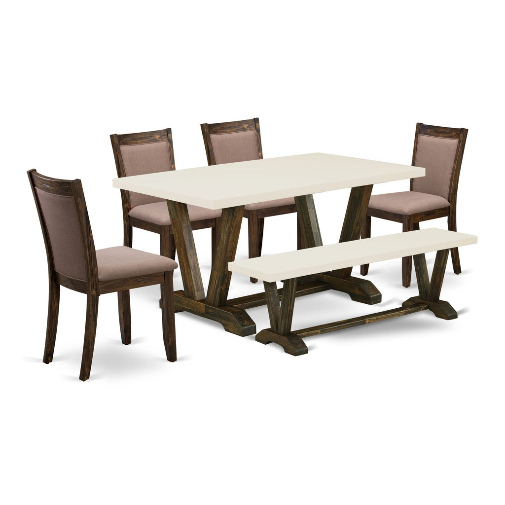Juego de comedor de 6 piezas East West Furniture V726MZ748-6 que incluye una mesa de comedor rectangular con patas en V y 4 sillas Parson de tela de lino color café con un banco.
