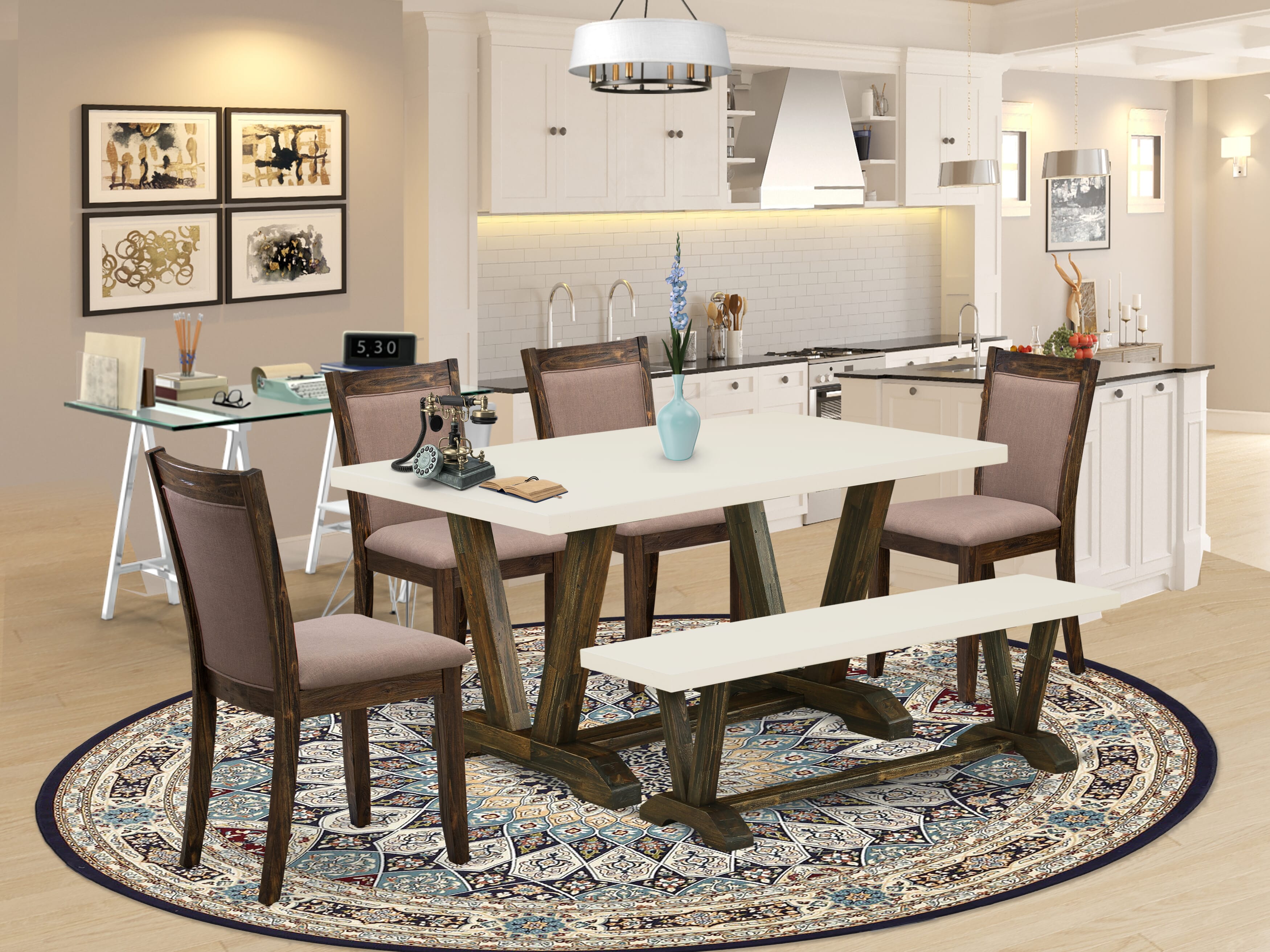 EAST WEST FURNITURE - V726MZ748-6 - 6-Pc Dining Set - 4 Parson Dining Chairs, a Dining Bench and 1 Dining Table (Distressed Jacobean Finish)