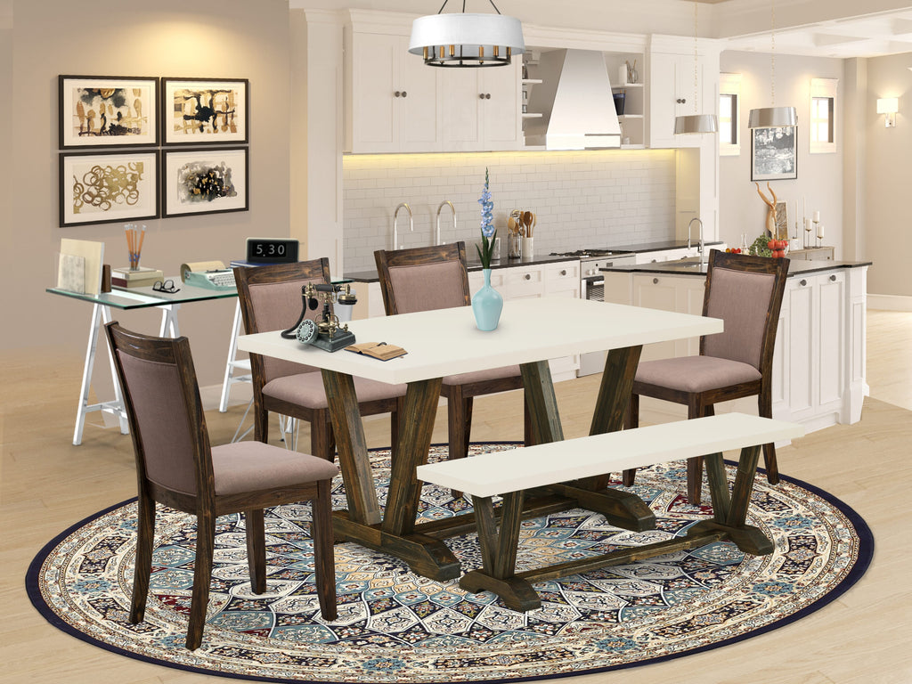 Juego de comedor de 6 piezas East West Furniture V726MZ748-6 que incluye una mesa de comedor rectangular con patas en V y 4 sillas Parson de tela de lino color café con un banco.