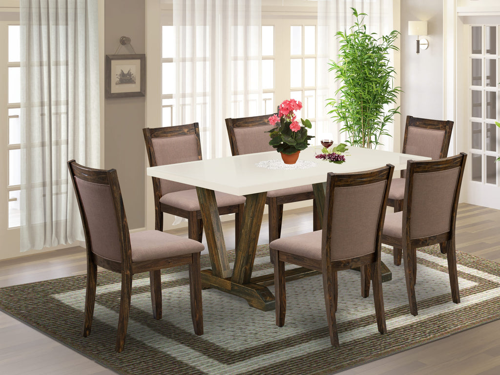 Juego de mesa de comedor moderno East West Furniture V726MZ748-7 de 7 piezas compuesto por una mesa rectangular de madera con patas en V y 6 sillas tapizadas en tela de lino color café.
