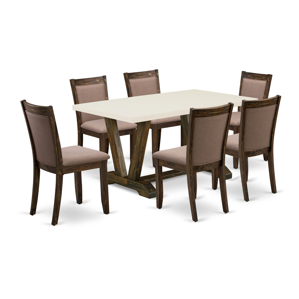 Juego de mesa de comedor moderno East West Furniture V726MZ748-7 de 7 piezas compuesto por una mesa rectangular de madera con patas en V y 6 sillas tapizadas en tela de lino color café.