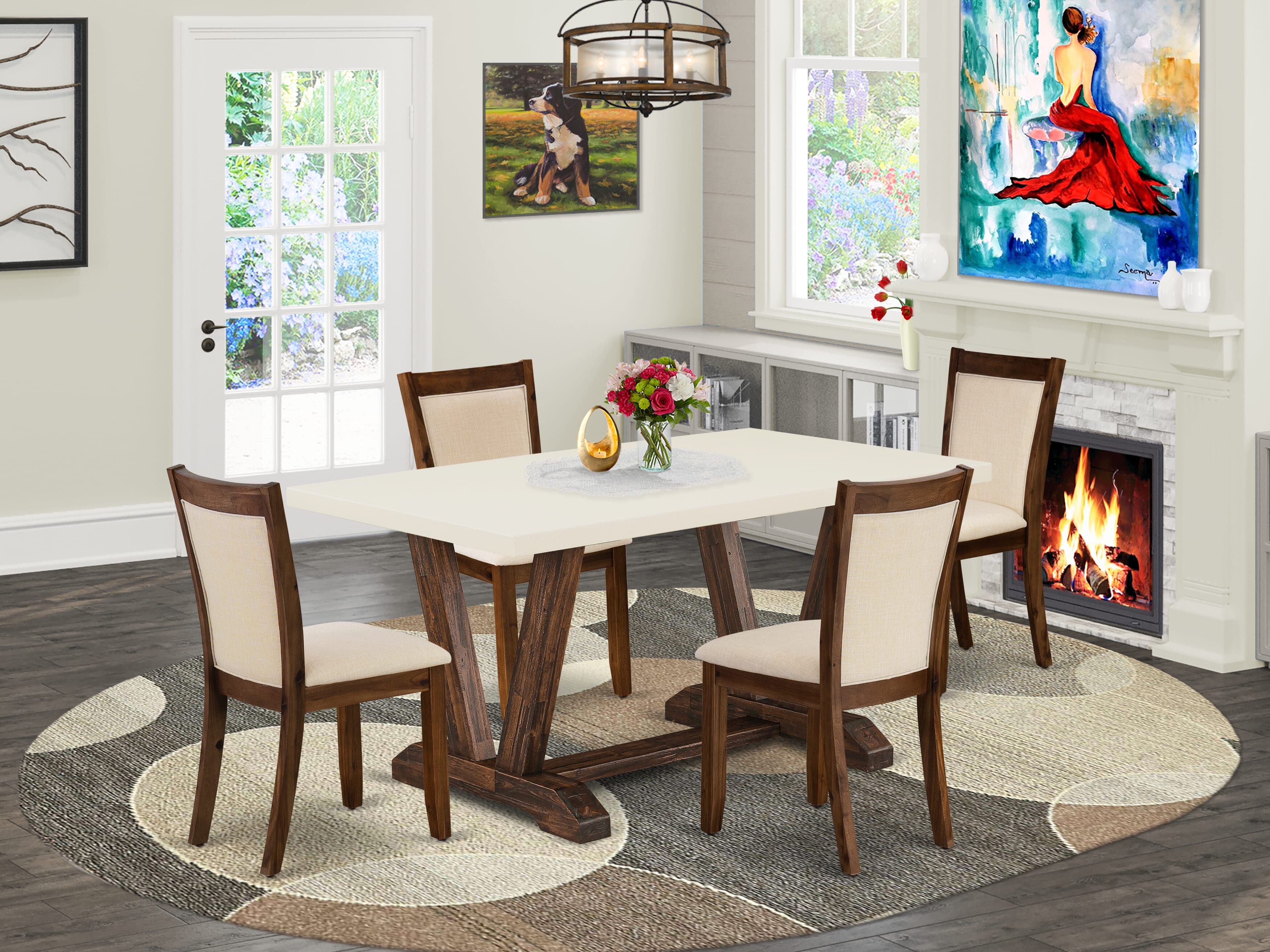 EAST WEST FURNITURE - V726MZN32-5 - 5-Pc Kitchen Set - 1 Dining Table with linen white Tabletop and 4 Light Beige Linen Fabric Modern Chairs with Stylish High Back (Distressed Jacobean Finish)