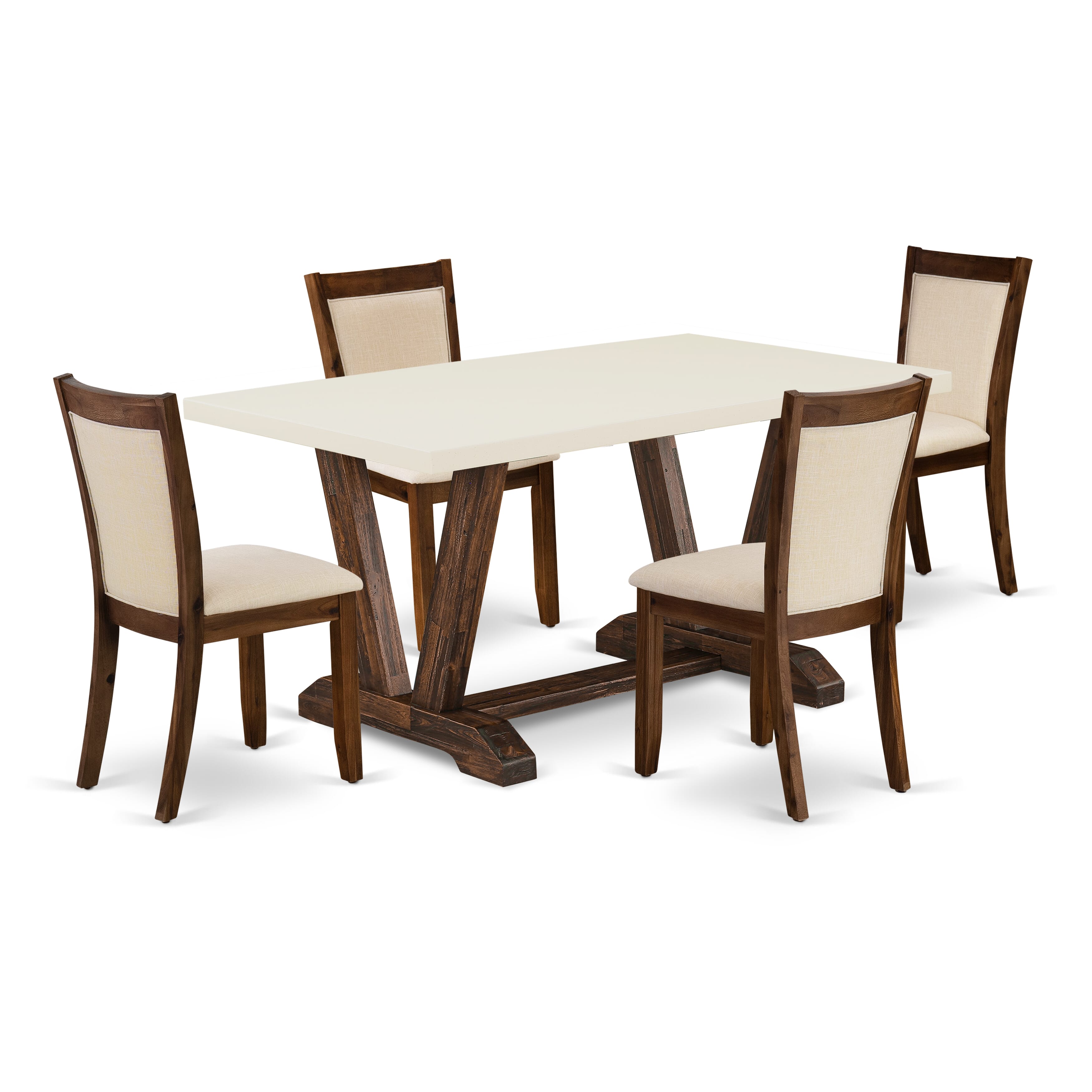 EAST WEST FURNITURE - V726MZN32-5 - 5-Pc Kitchen Set - 1 Dining Table with linen white Tabletop and 4 Light Beige Linen Fabric Modern Chairs with Stylish High Back (Distressed Jacobean Finish)