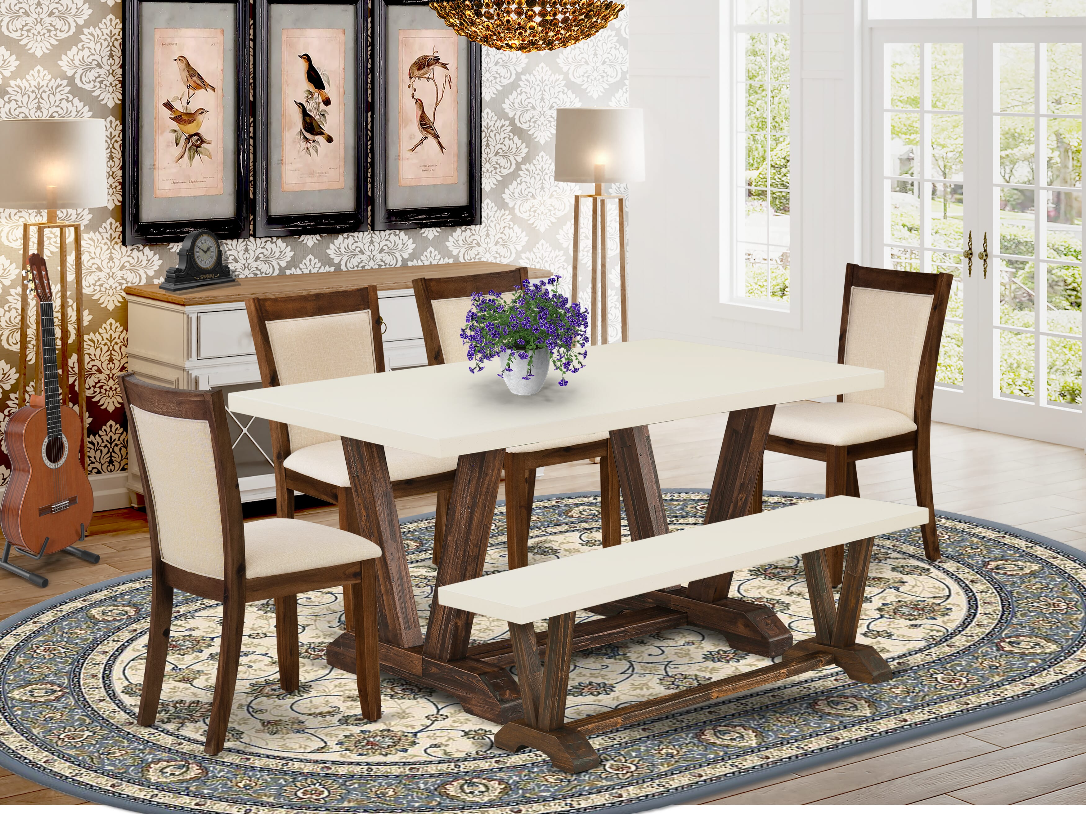 EAST WEST FURNITURE - V726MZN32-6 - 6-Pc Dining Set - 1 Kitchen Table, A Dining Bench with linen white Top and 4 Light Beige Linen Fabric Dining Chairs with Stylish Back - Distressed Jacobean Finish