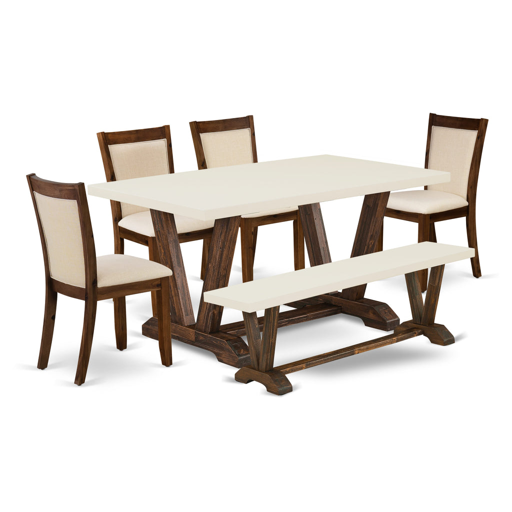 EAST WEST FURNITURE - V726MZN32-6 - 6-Pc Dining Set - 1 Kitchen Table, A Dining Bench with linen white Top and 4 Light Beige Linen Fabric Dining Chairs with Stylish Back - Distressed Jacobean Finish