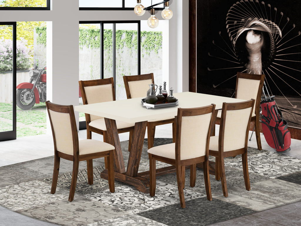 EAST WEST FURNITURE - V726MZN32-7 - 7-Pc Dining Table Set - A Dining Table with linen white Top and 6 Light Beige Linen Fabric Modern Dining Chairs with Stylish Back (Distressed Jacobean Finish)