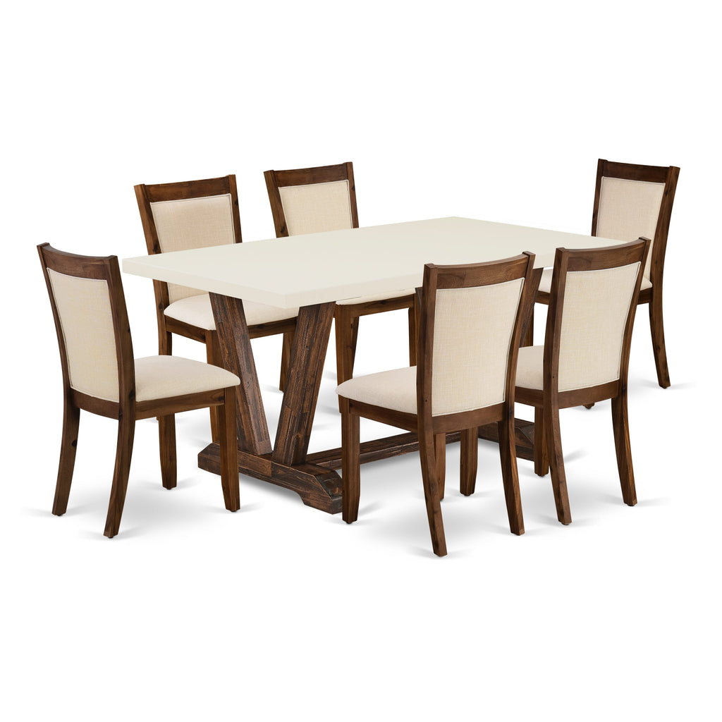 EAST WEST FURNITURE - V726MZN32-7 - 7-Pc Dining Table Set - A Dining Table with linen white Top and 6 Light Beige Linen Fabric Modern Dining Chairs with Stylish Back (Distressed Jacobean Finish)