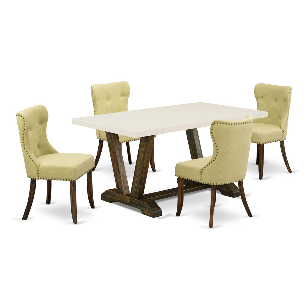 East West Furniture V726SI737-5 5-Pc Kitchen Dining Room Set- 4 dining room chairs with Limelight Linen Fabric Seat and Button Tufted Chair Back - Rectangular Table - linen white Finish