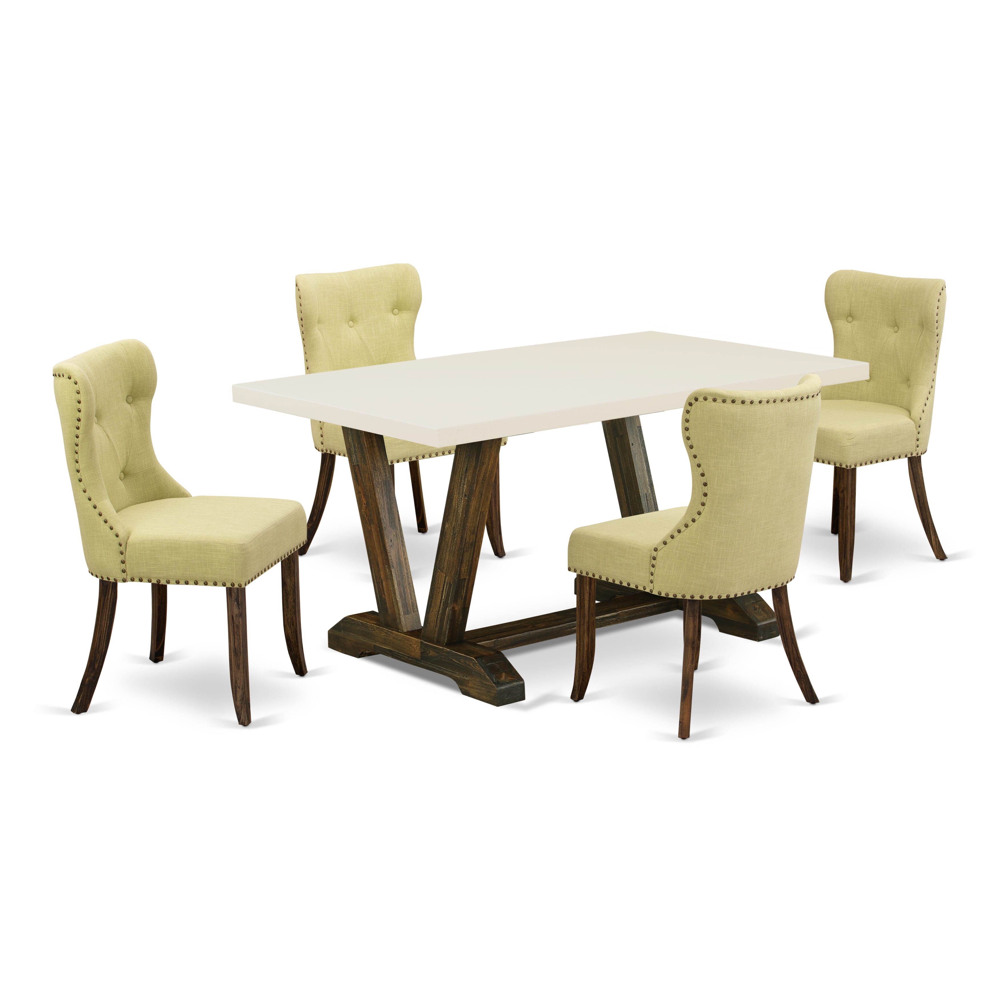 East West Furniture V726SI737-5 5-Pc Kitchen Dining Room Set- 4 dining room chairs with Limelight Linen Fabric Seat and Button Tufted Chair Back - Rectangular Table - linen white Finish