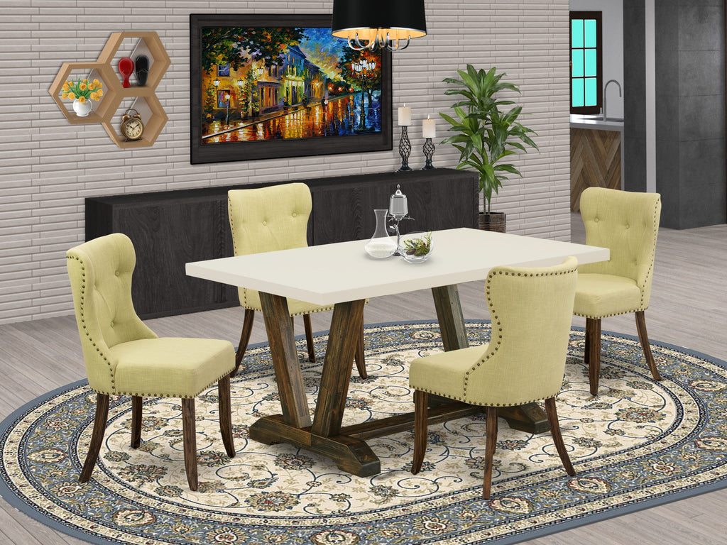East West Furniture V726SI737-5 5-Pc Kitchen Dining Room Set- 4 dining room chairs with Limelight Linen Fabric Seat and Button Tufted Chair Back - Rectangular Table - linen white Finish