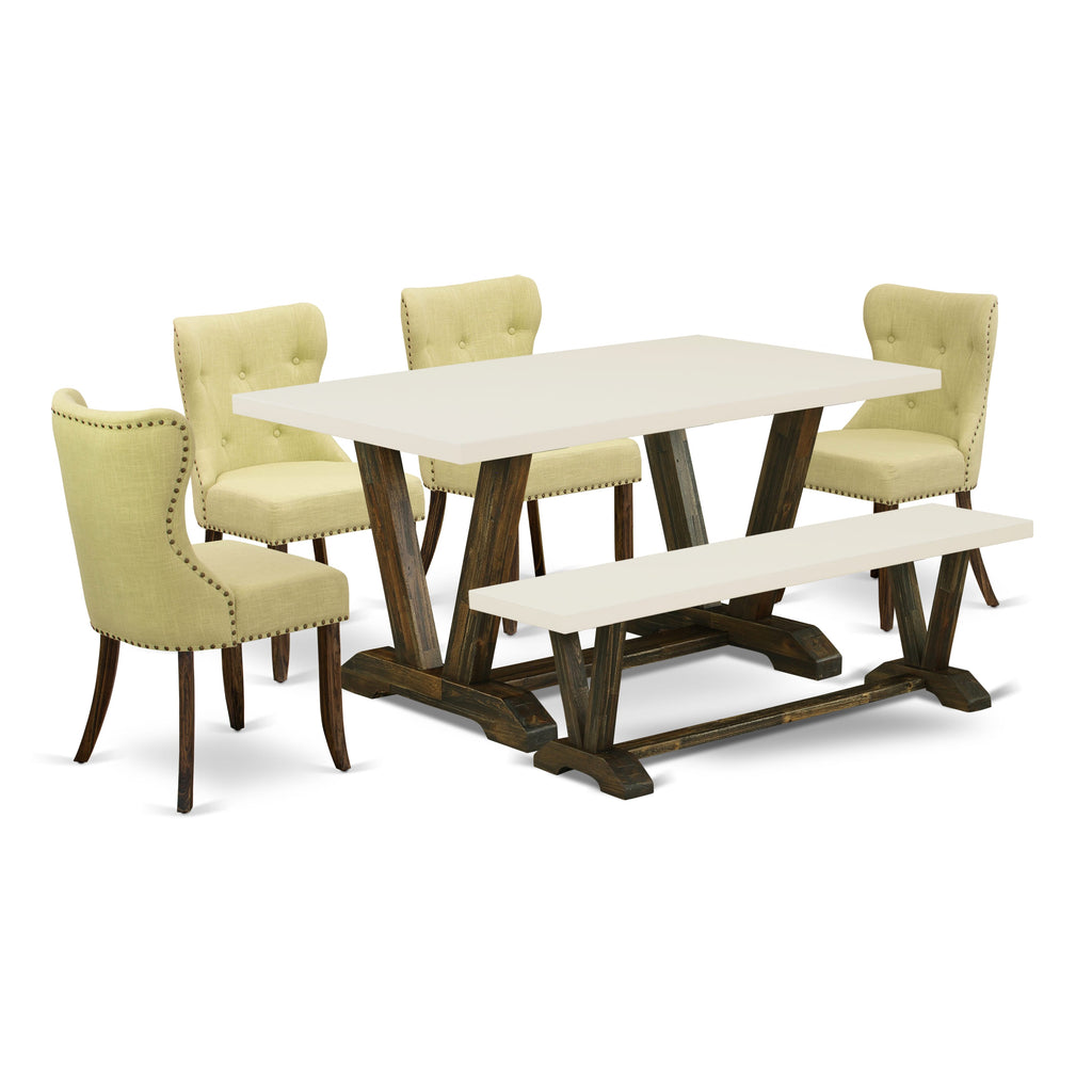 East West Furniture V726SI737-6 6-Pc Kitchen Dining Room Set- 4 Limelight Linen Fabric Dining Chairs with Button Tufted Back - A Dining Table and 1 Dining Bench (linen white Finish)