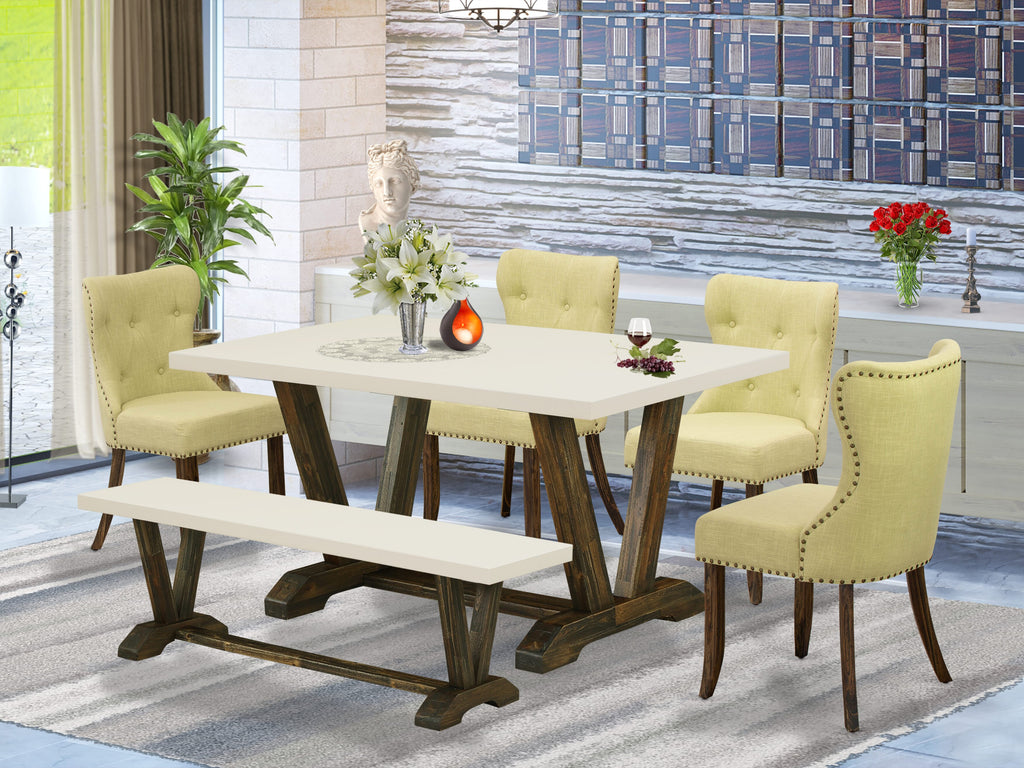 East West Furniture V726SI737-6 6-Pc Kitchen Dining Room Set- 4 Limelight Linen Fabric Dining Chairs with Button Tufted Back - A Dining Table and 1 Dining Bench (linen white Finish)