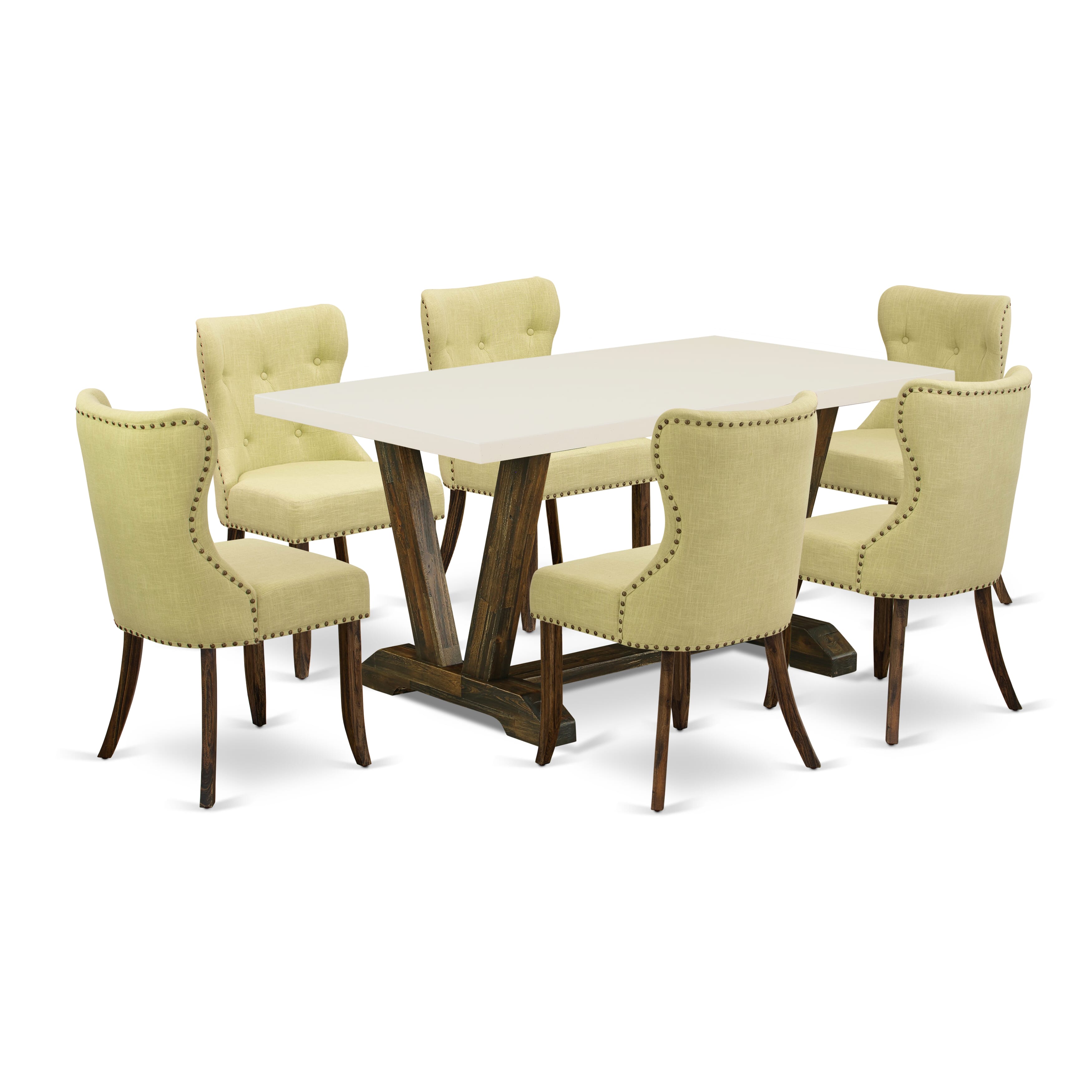 East West Furniture 7-Piece Kitchen Dining Set- 6 Parson Chairs with Limelight Linen Fabric Seat and Button Tufted Chair Back - Rectangular Table top & Wooden Legs - linen white and Distressed Jacobean Finish