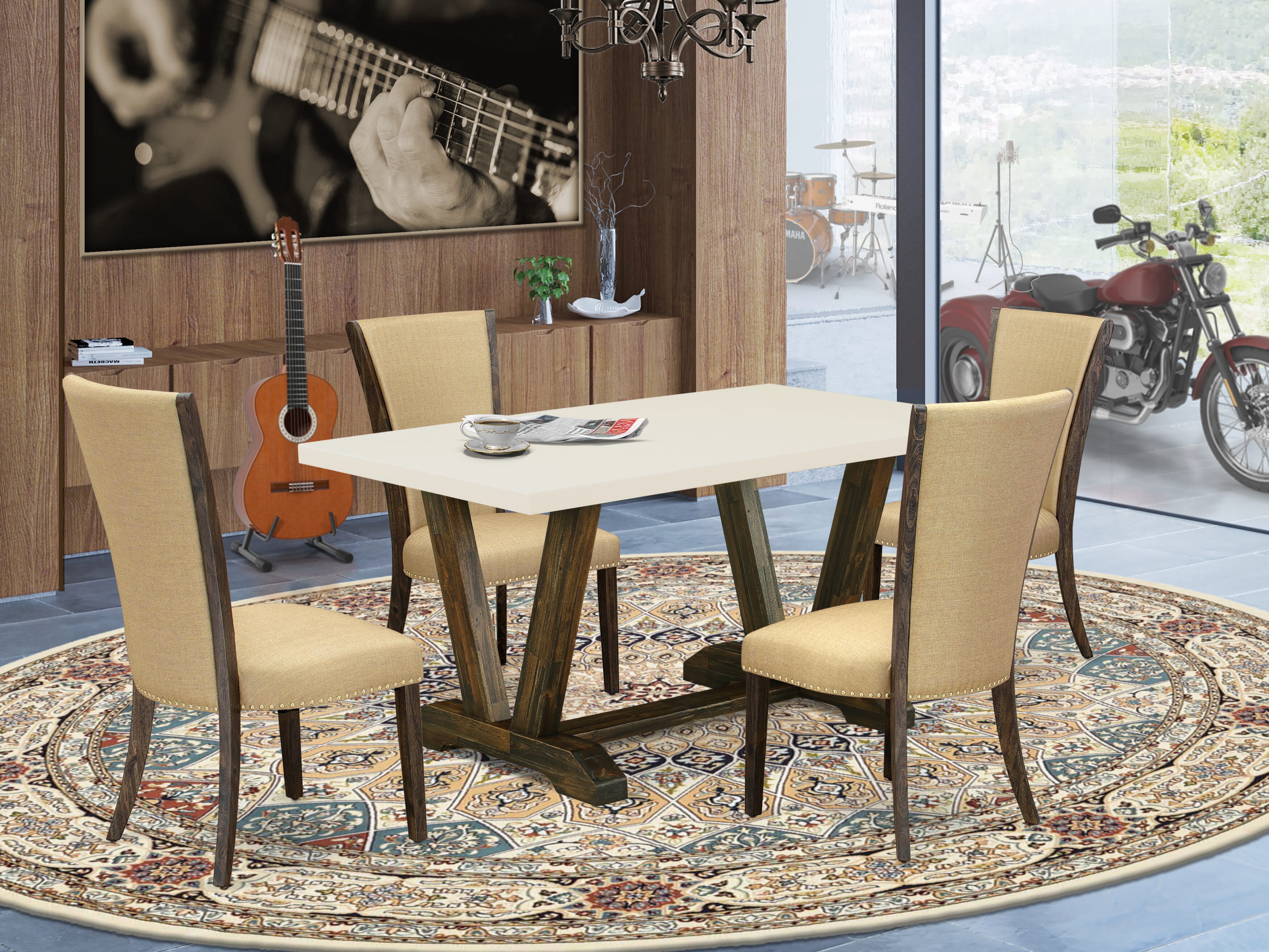 East West Furniture V726VE703-5 5Pc Dinette Set Contains a Kitchen Table and 4 Parsons Dining Chairs with Brown Color Linen Fabric, Medium Size Table with Full Back Chairs, Distressed Jacobean and Linen White Finish