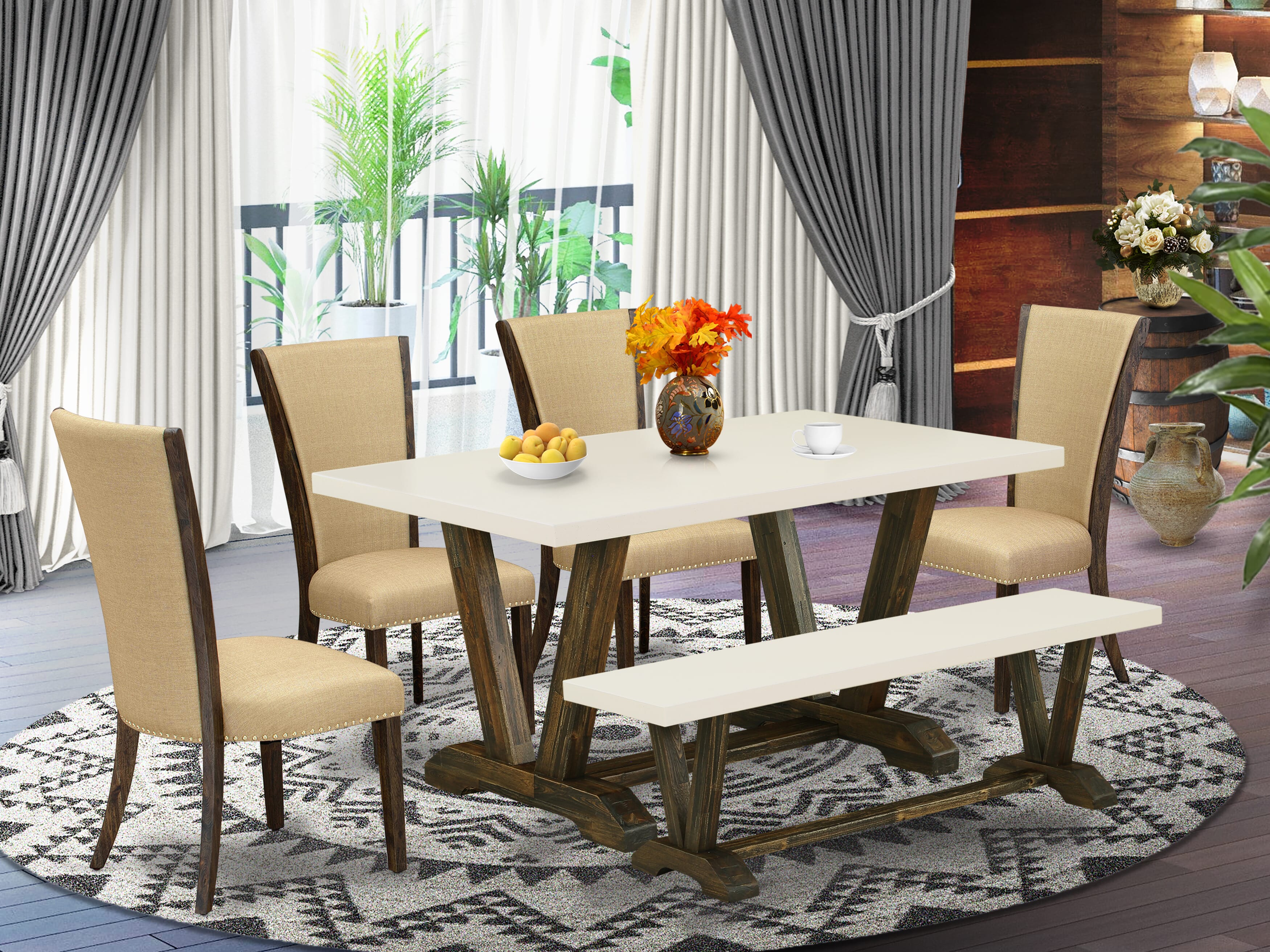 V726VE703-6 6 Piece Dining Room Table Set - 4 Brown Linen Fabric Dining Chair with Nailheads and linen white Wood Table - 1 Dining Bench - Distressed Jacobean Finish